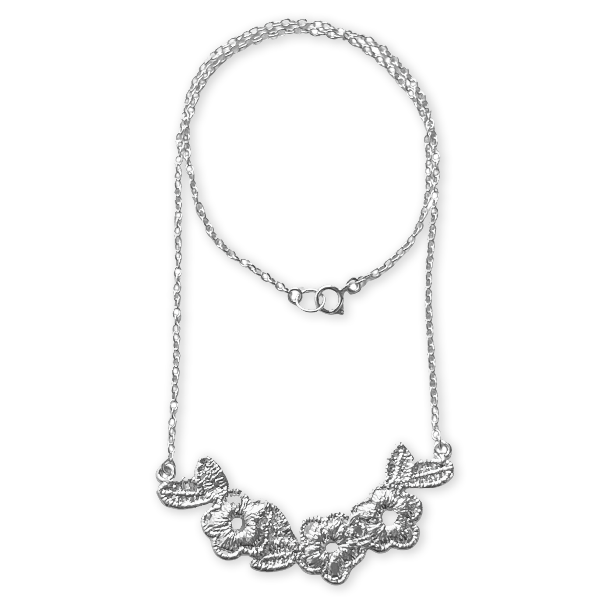 Lace flower garland necklace in sterling silver.