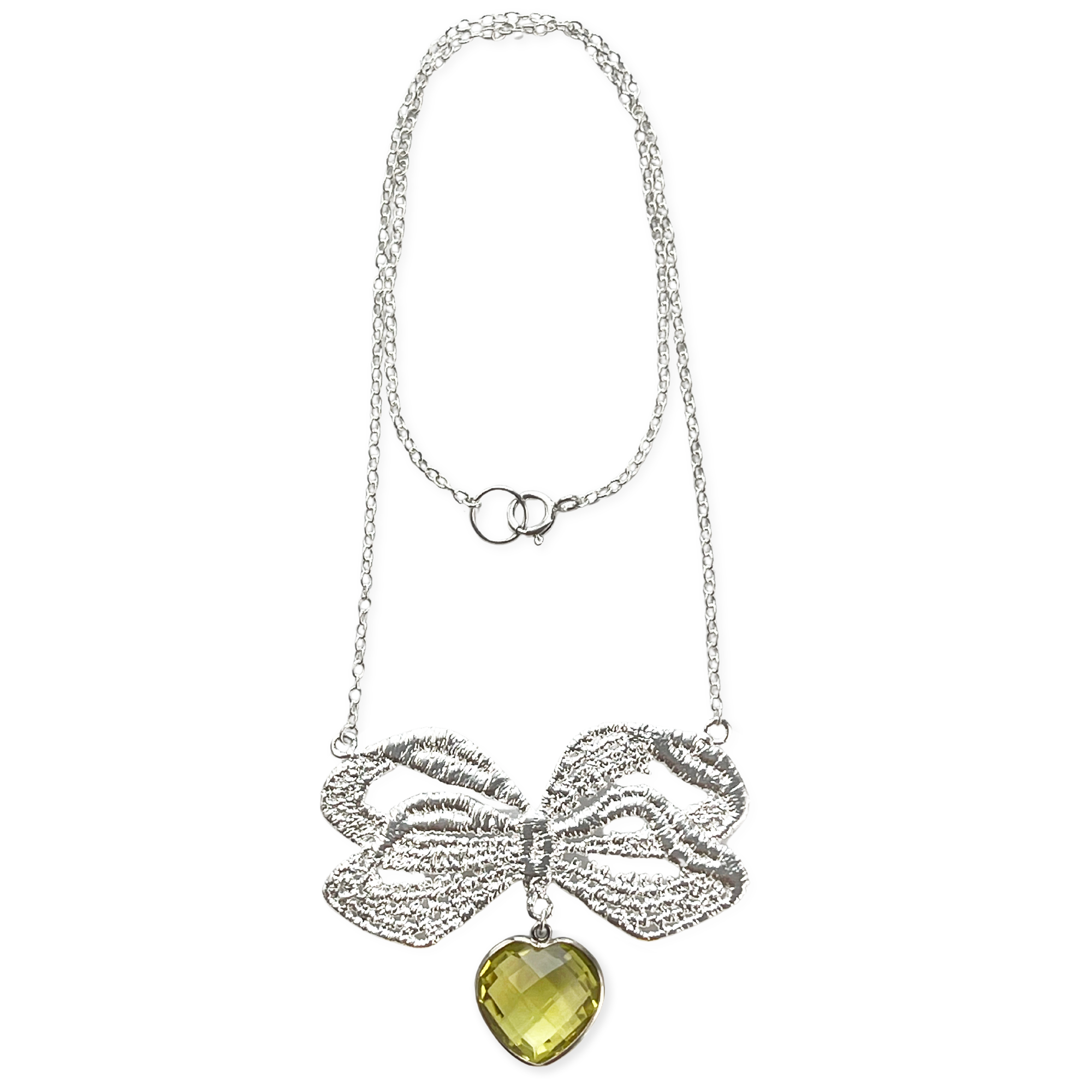 Necklace with lace bow in silver and heart Citrine stone.