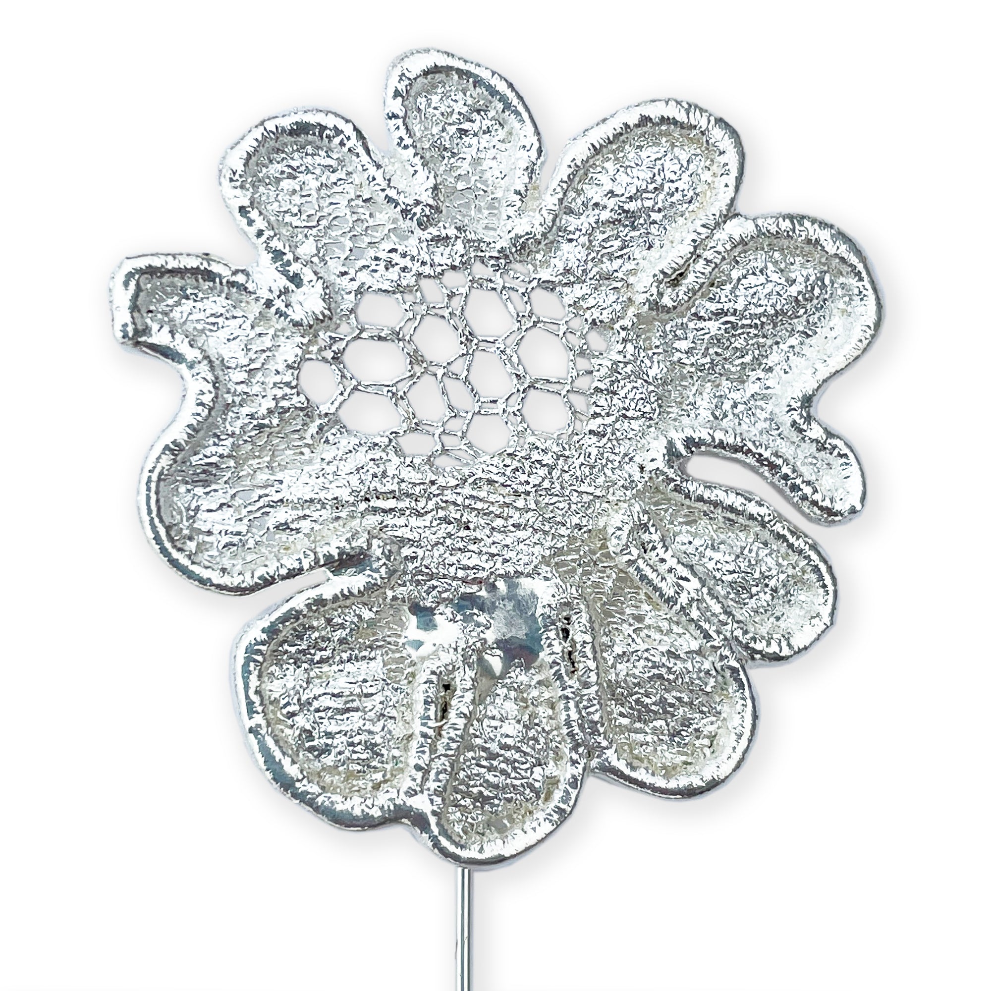 Lapel Pin in the shape of a rose made from wedding dress lace dipped in sterling silver.