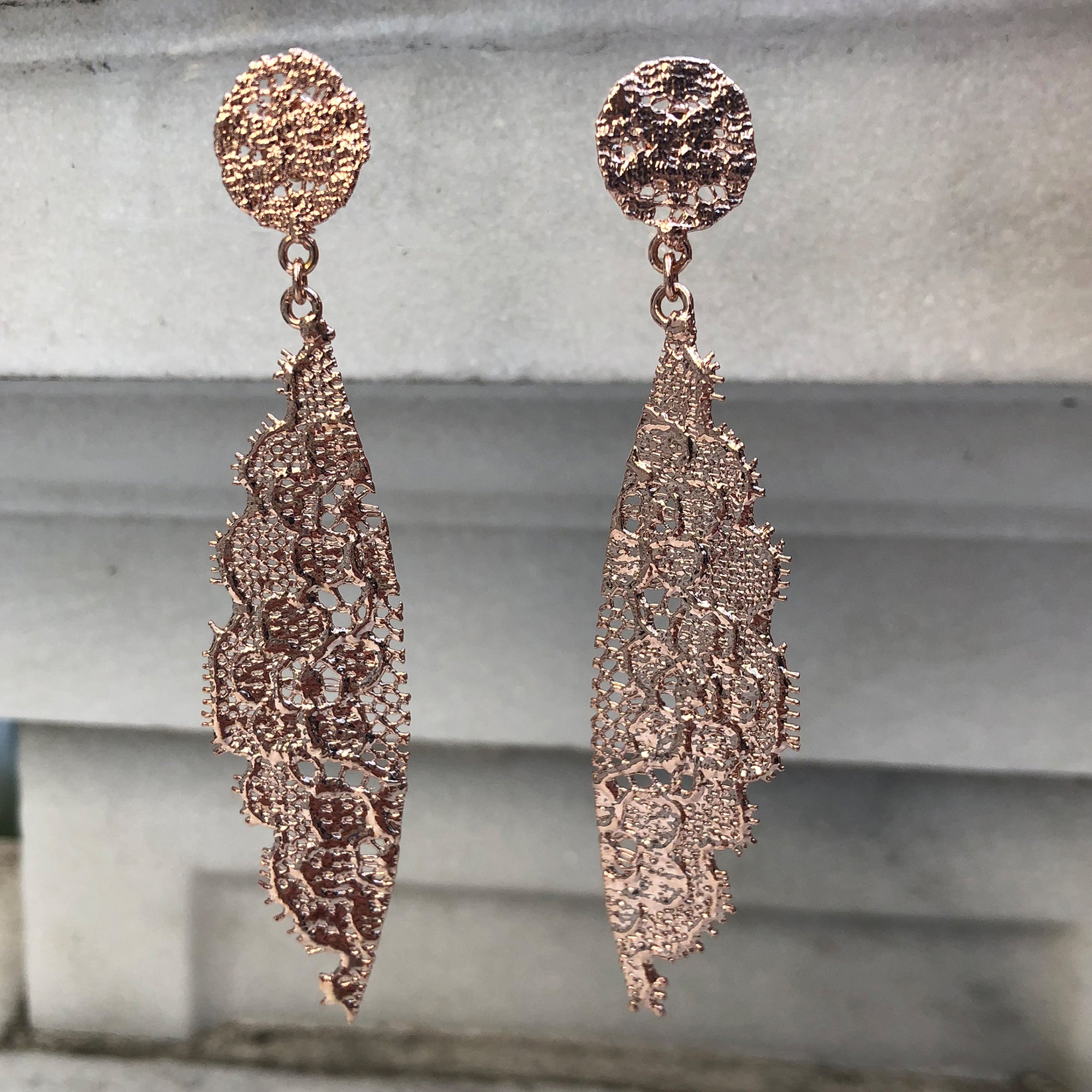Stunning Eyelash Lace Earrings in Rose Gold. Unique 13th Anniversary Gift. Made with European Chantilly lace.