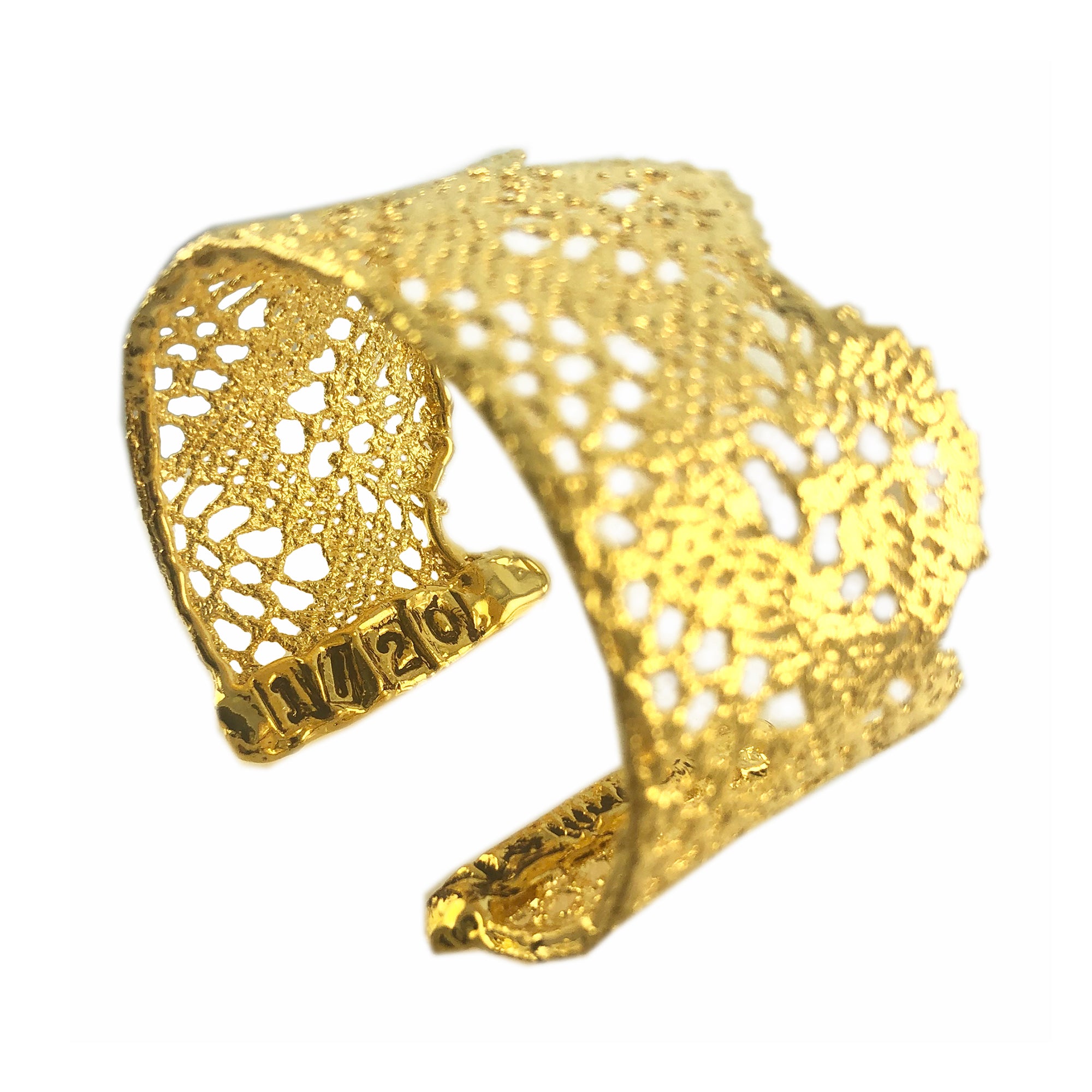 Rare cuff bracelet made from 1890s Swedish lace dipped in 24k gold, only 20 made.