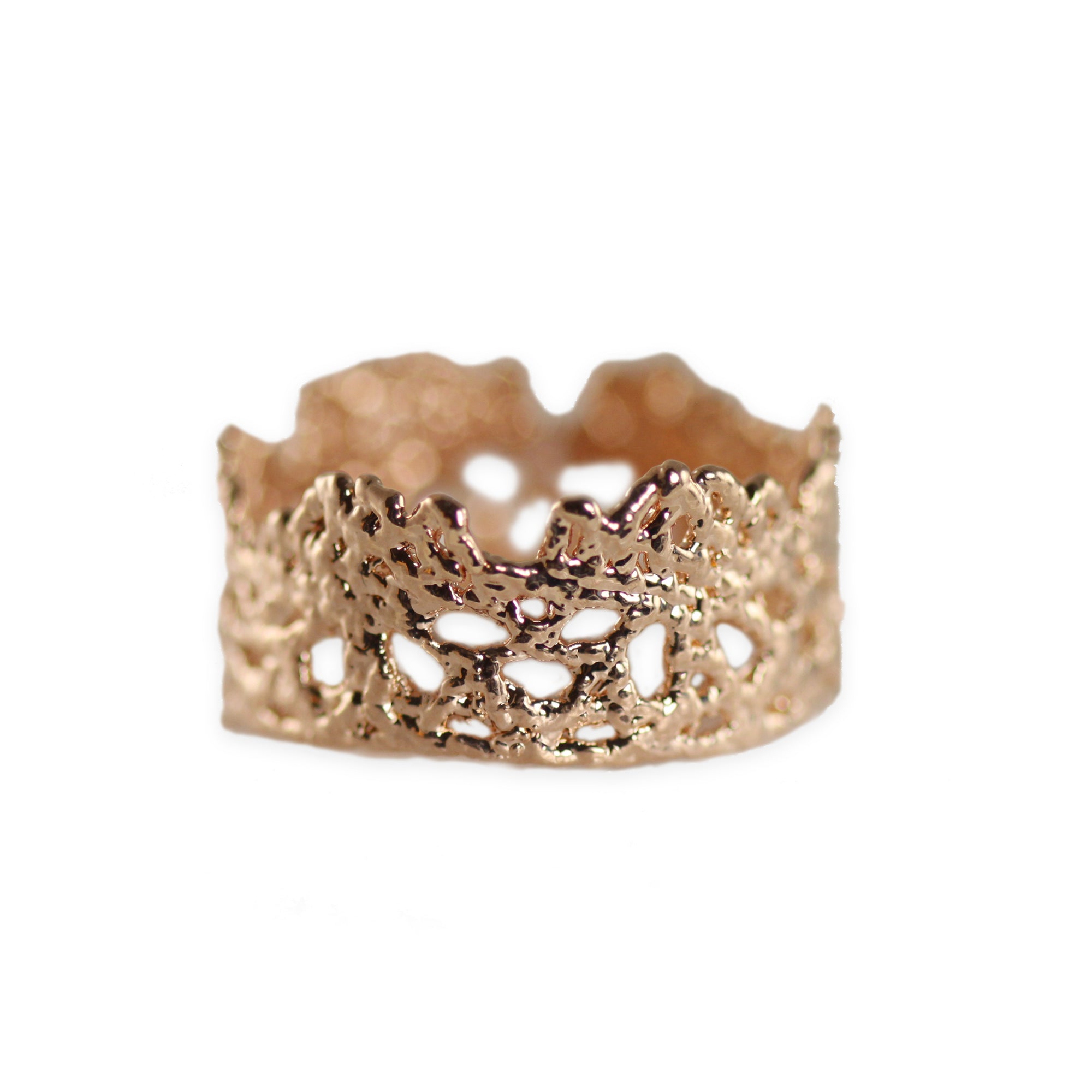 Lace crown rings in rose gold, 24k gold and sterling silver.