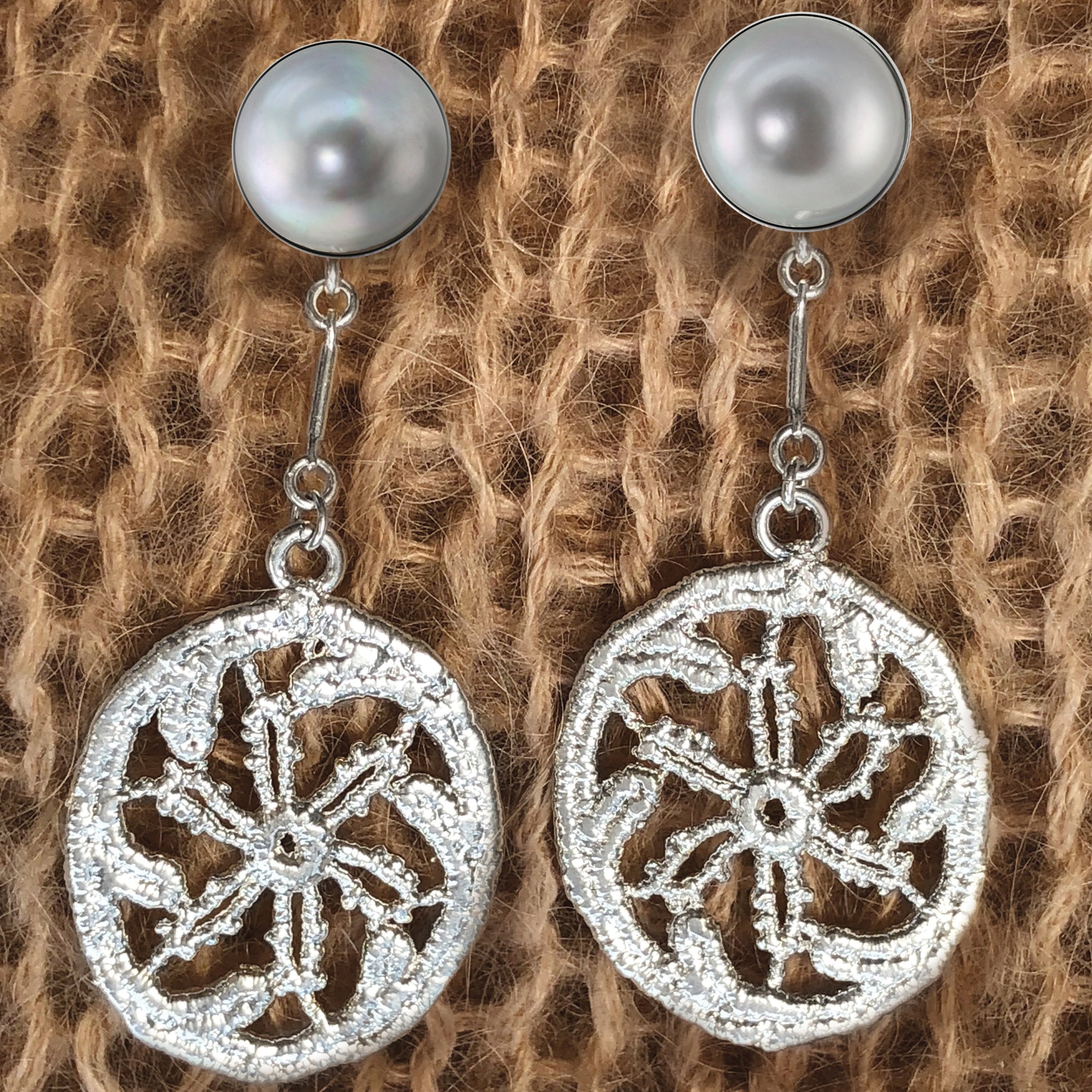 Silver grey 10mm pearl earrings with round lace pendants in sterling silver.