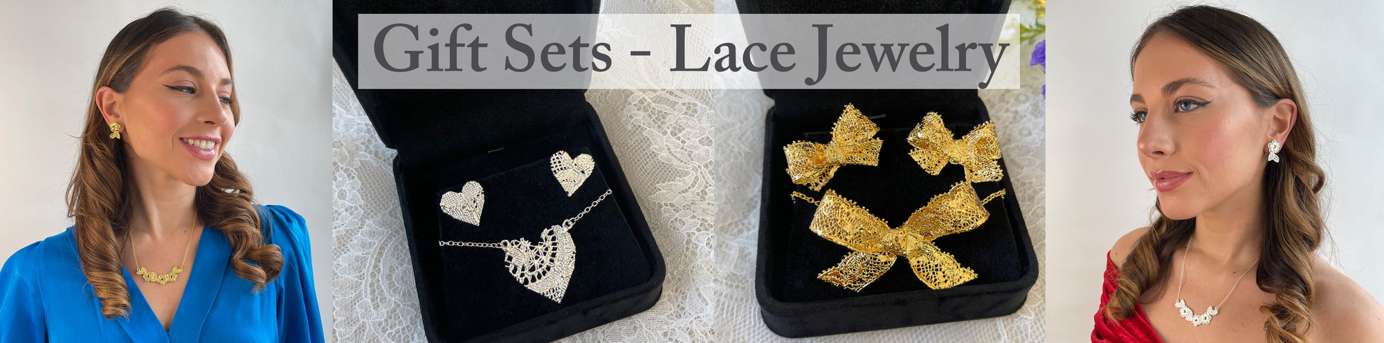 Gift sets with Lace jewelry dipped in 24k gold, sterling silver or rose gold.