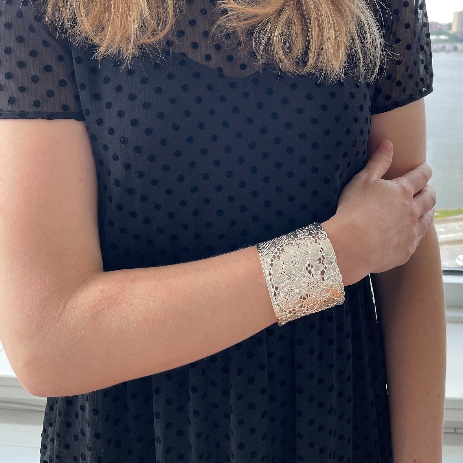 Art Deco Georgette Lace cuff bracelet in sterling silver.