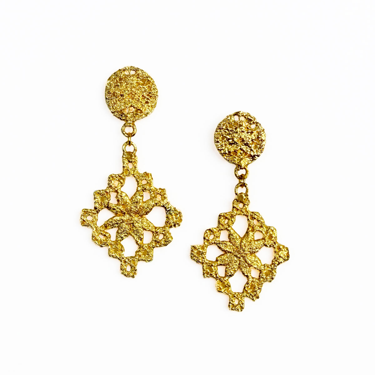 Chandelier lace earrings in 24k gold.