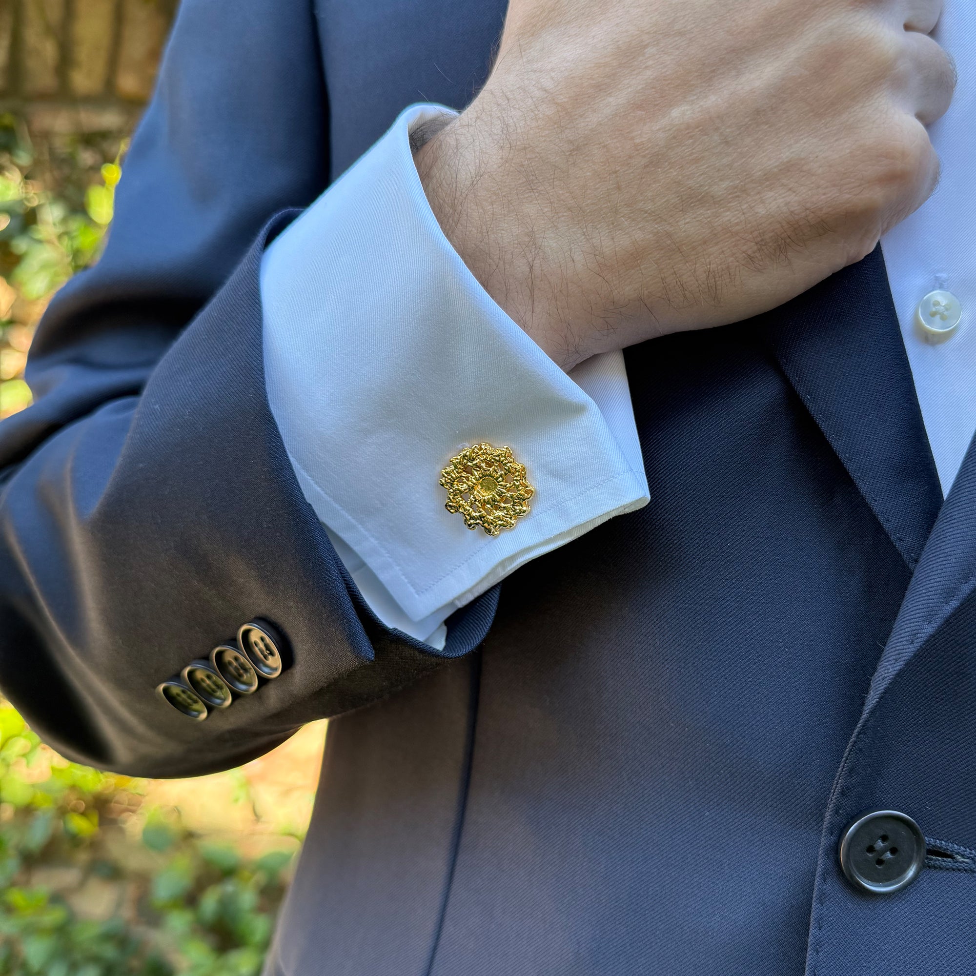 The Emil cufflinks made from Swedish lace dipped in 24k gold.