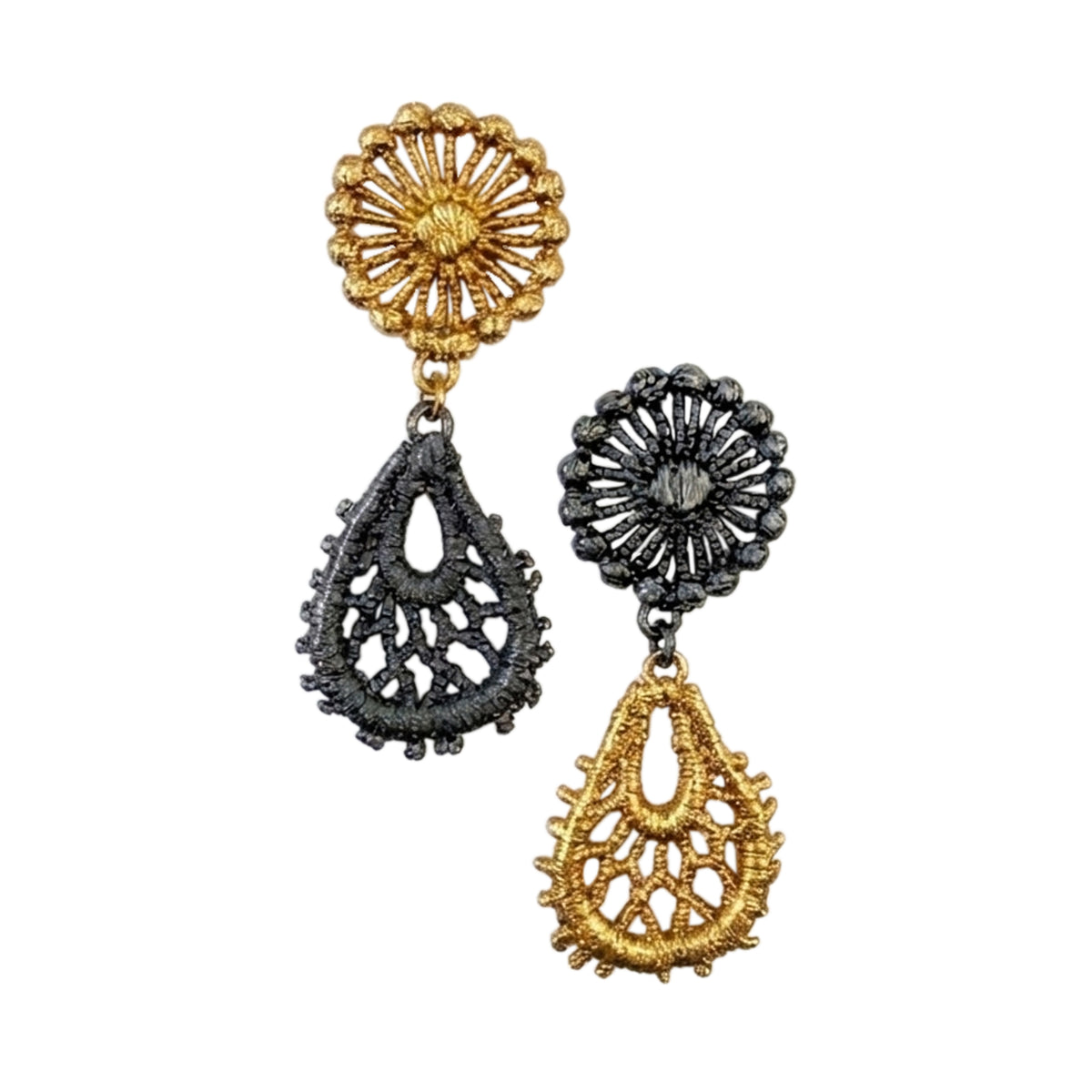 Flora lace earrings in 24k gold and oxidized black silver