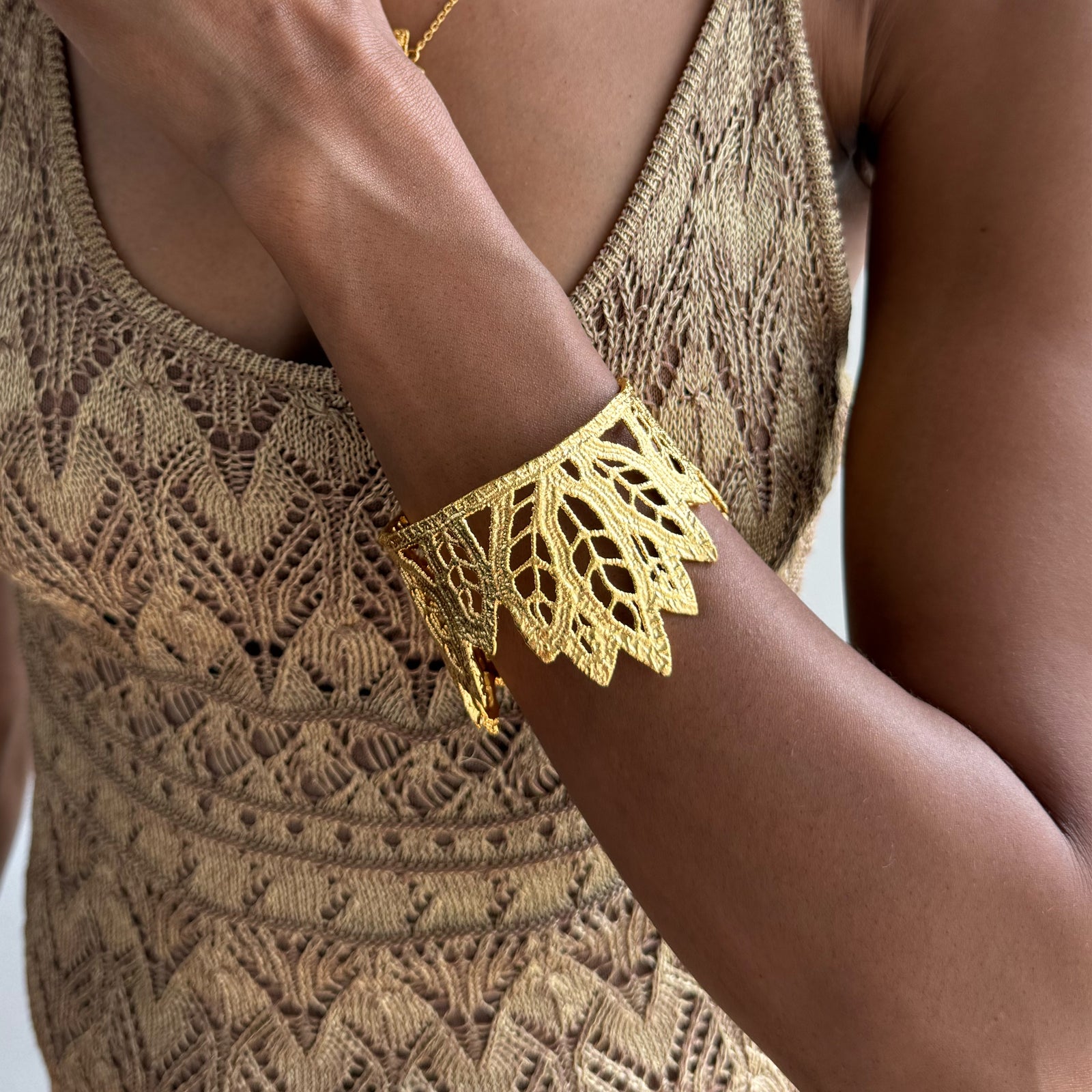 Lace leaf bracelet in dipped 24k gold.