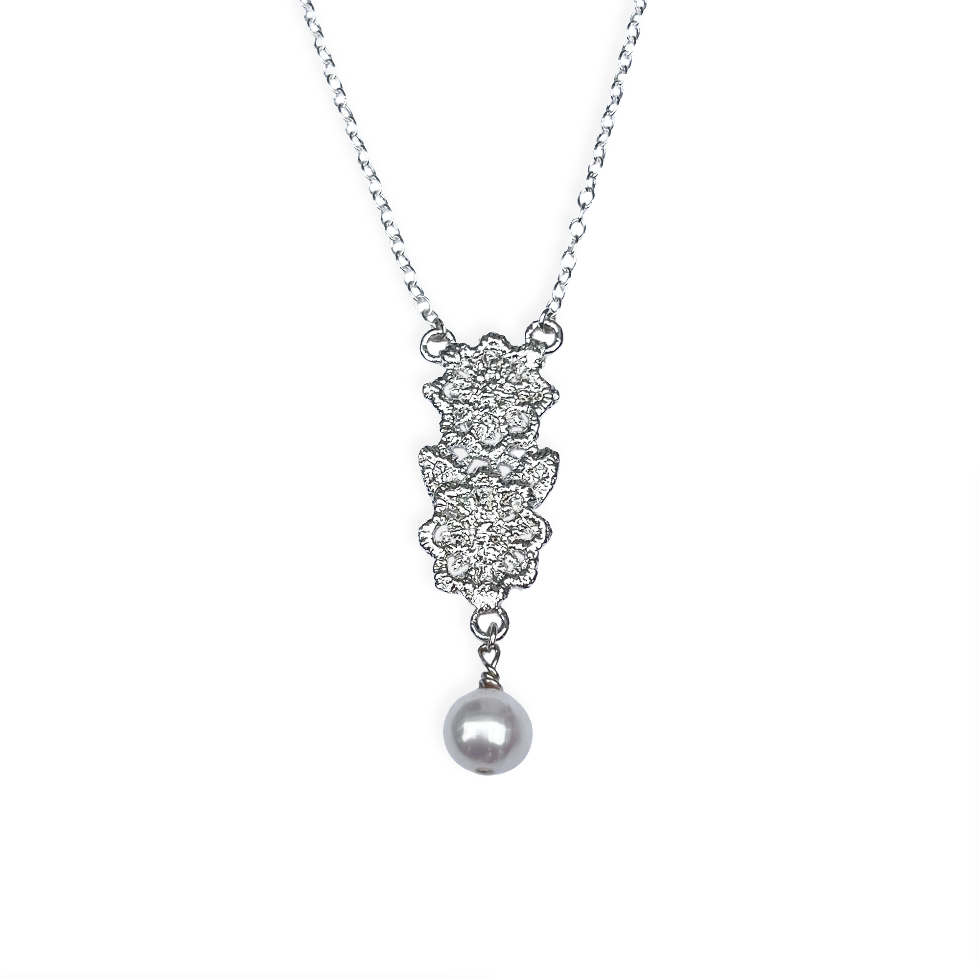 Pearl and Lace flower garland necklace in sterling silver.