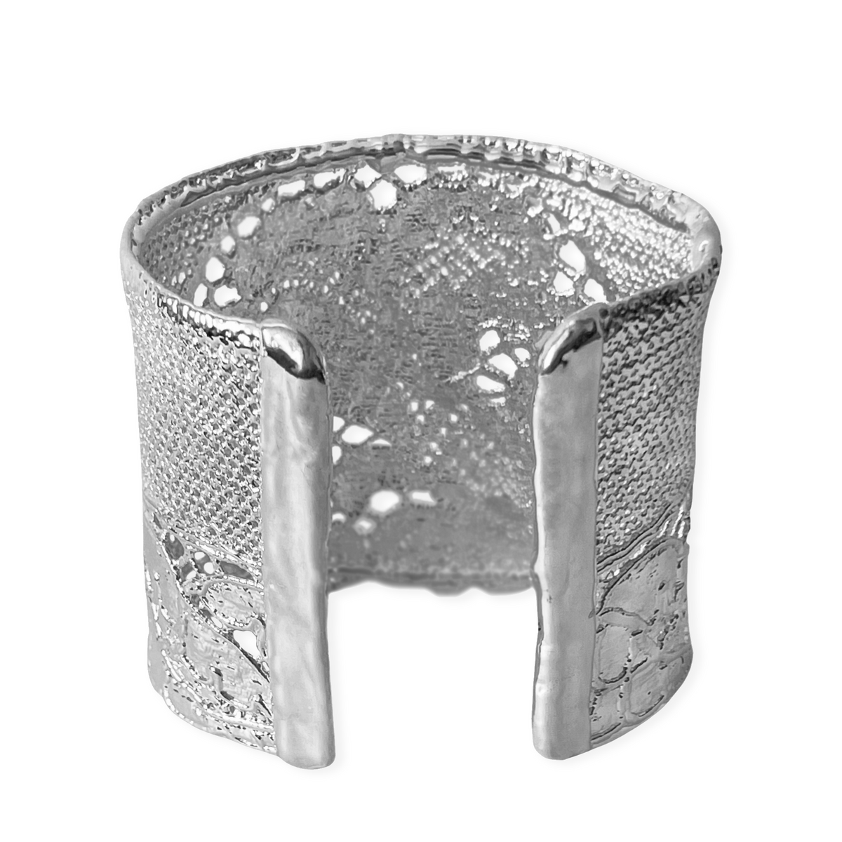 Art Deco Georgette Lace cuff bracelet in sterling silver.