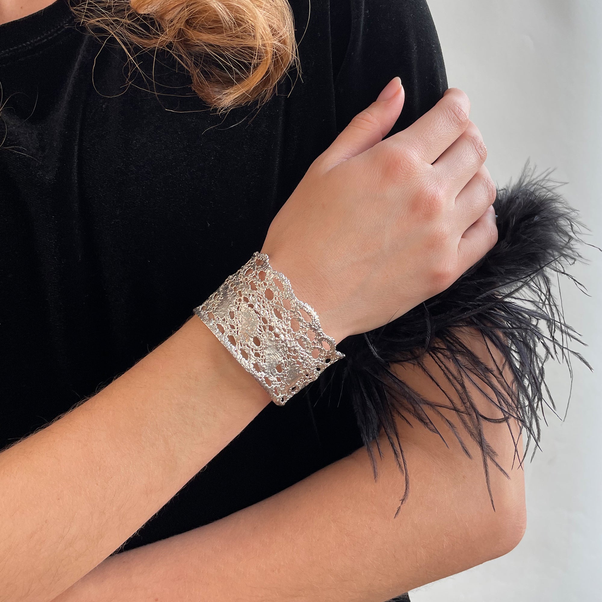 Rare silver cuff bracelet made from Swedish Vadstena lace from late 1800s, limited edition of 10.