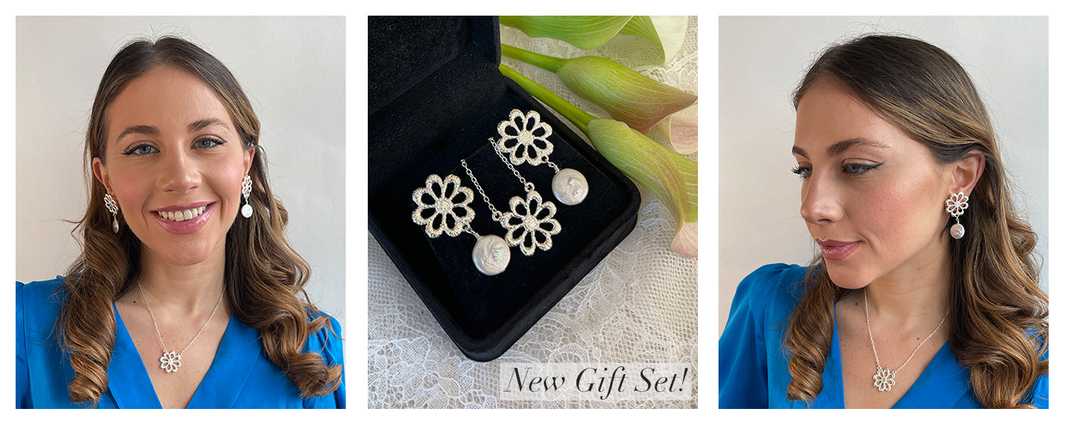 Gift Set of Floral Lace and Pearl Earrings and Floral Lace Necklace at 10% off.