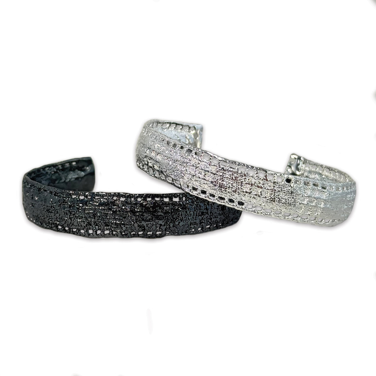 Two lace men's bracelets, one in dipped sterling silver, the other one in dipped oxidized black silver.