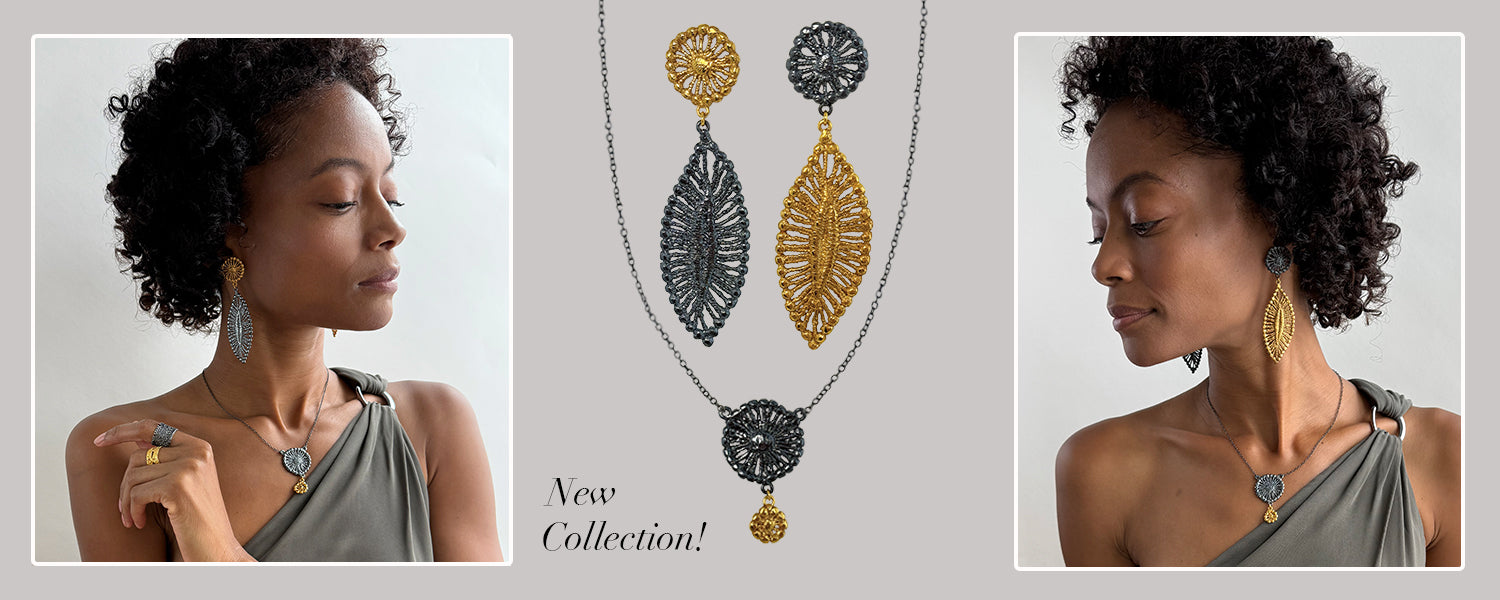 Model wearing lace earrings in 24k gold/oxidized silver a necklace with a oxidized silver lace flower and 24k gold charm.