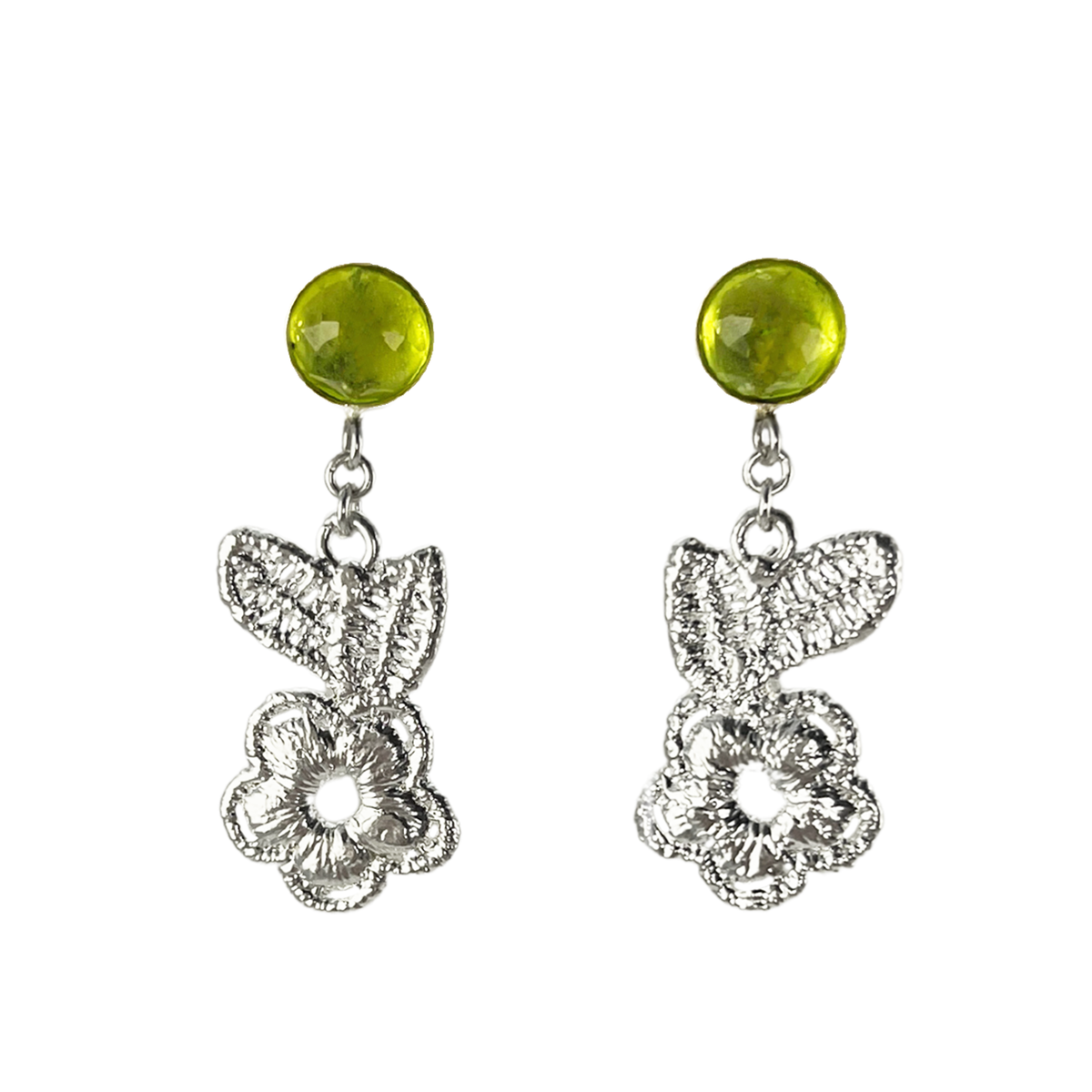 Peridot earrings with lace flowers in sterling silver.