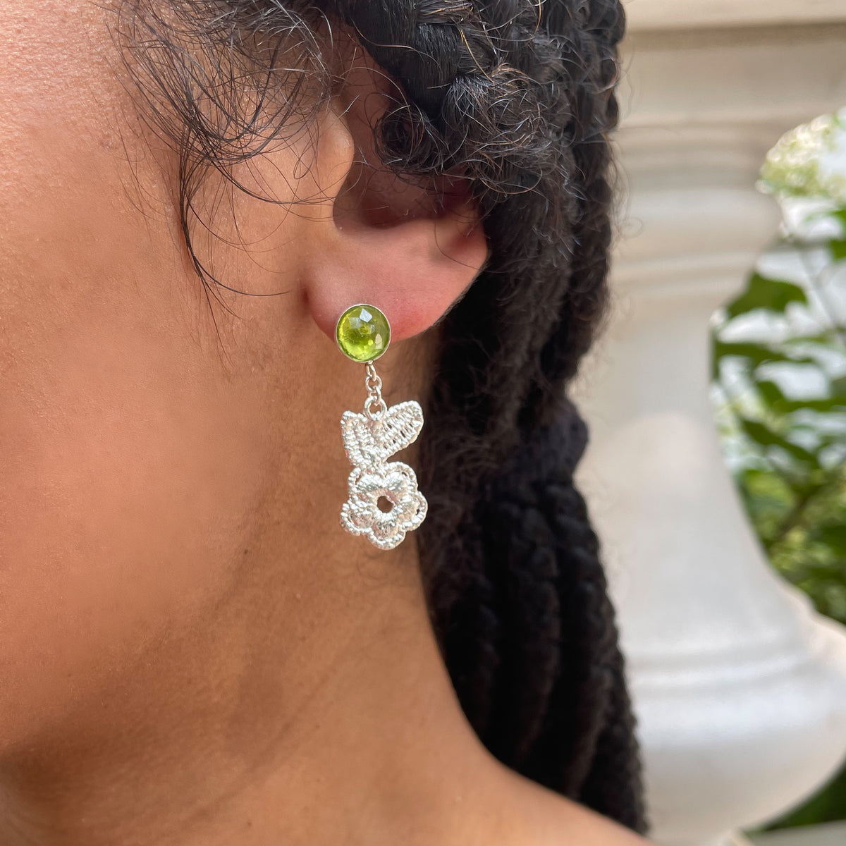 Peridot earrings with lace flowers in sterling silver.