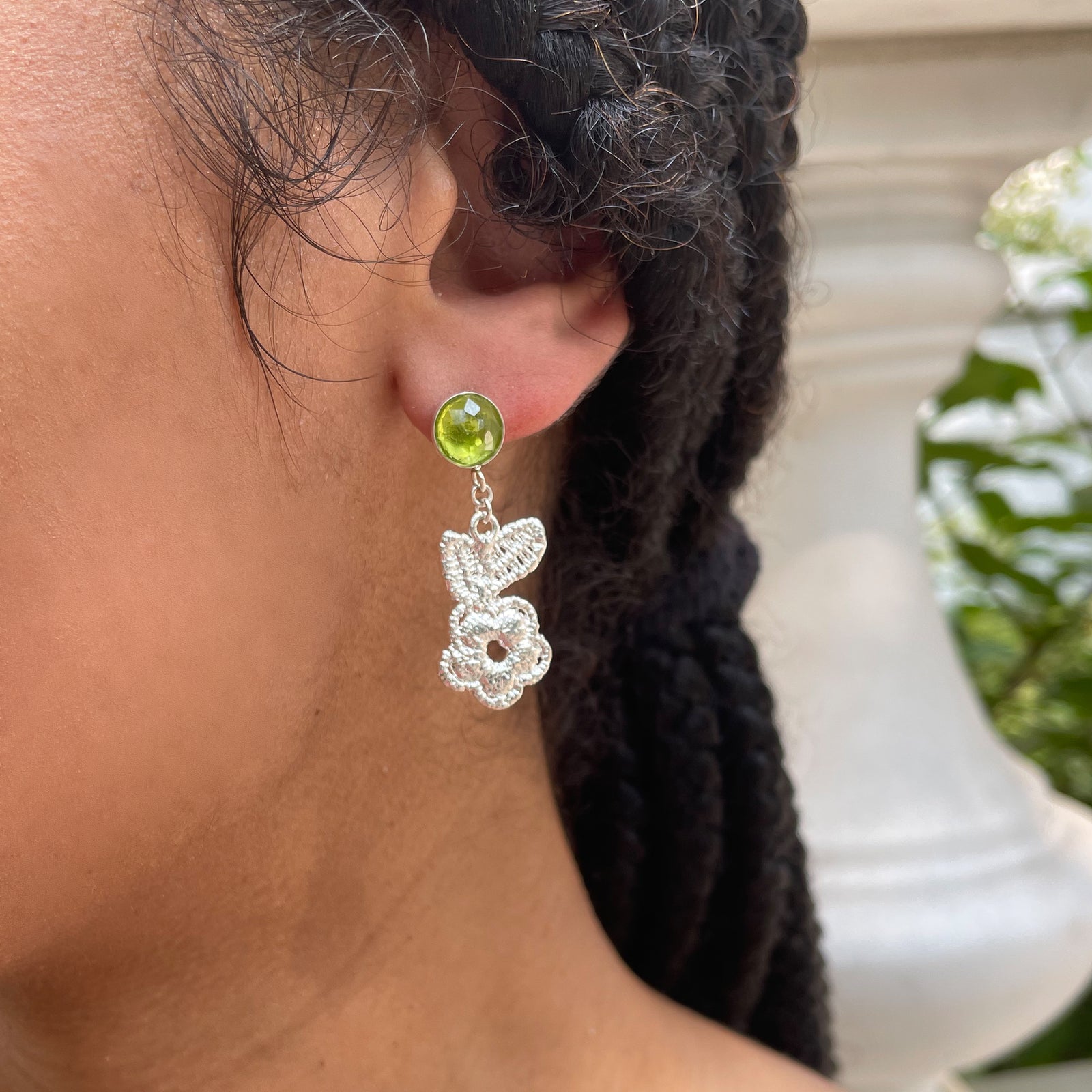 Peridot earrings with lace flowers in sterling silver.