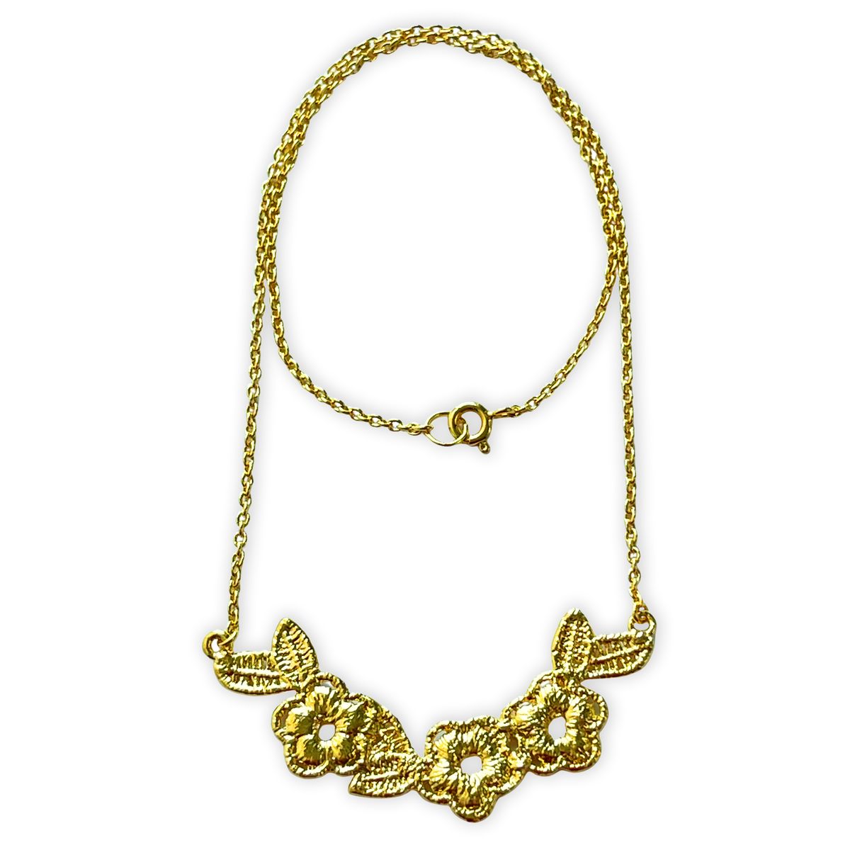 Lace flower garland necklace in 24k gold.
