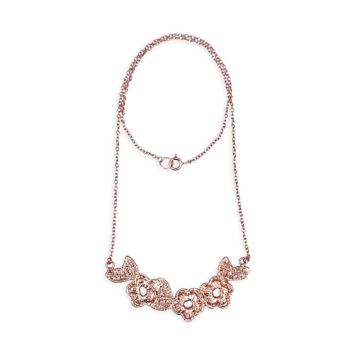 Lace flower garland necklace in rose gold.