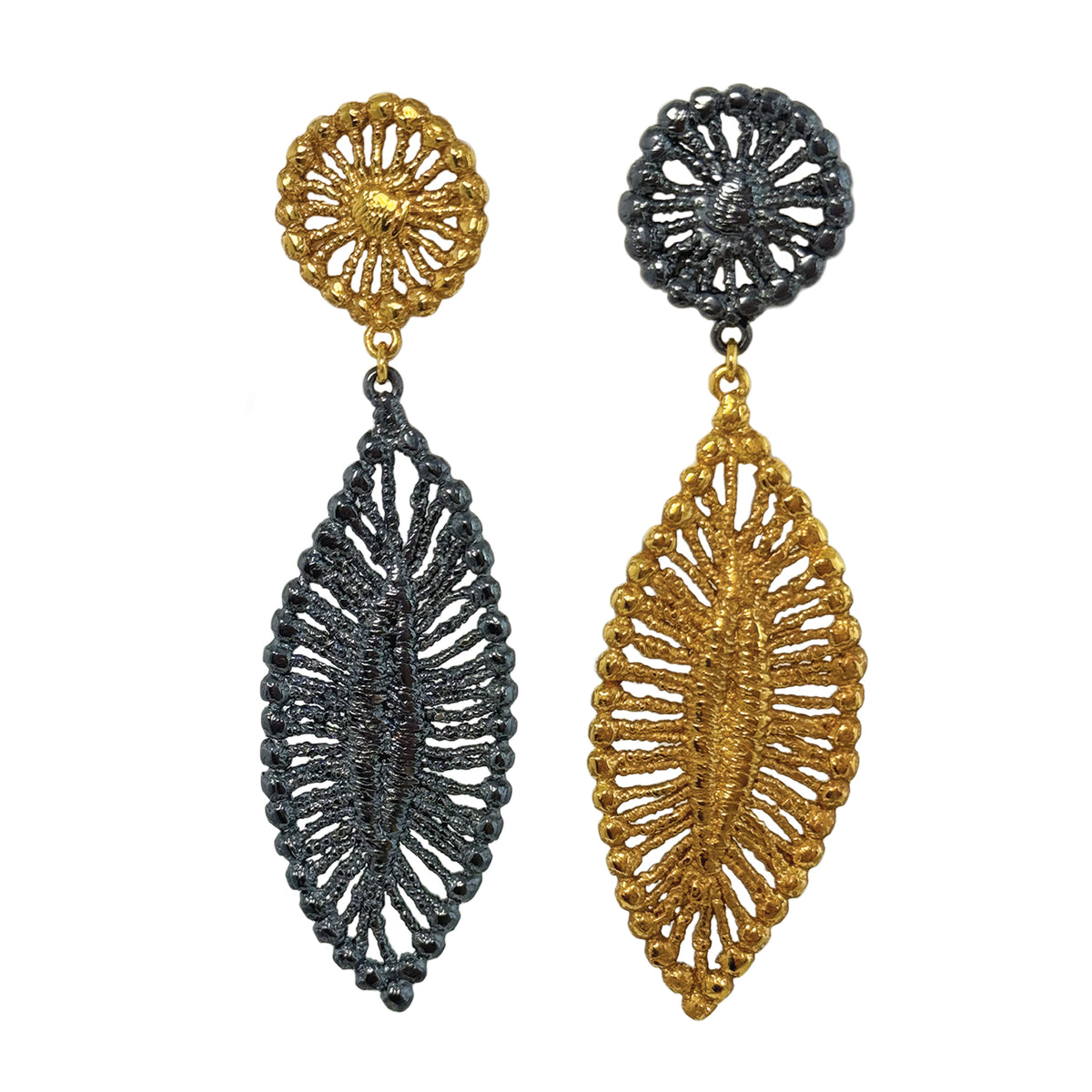 Pair of leaf shaped 24k gold and black oxidized sterling silver earrings.