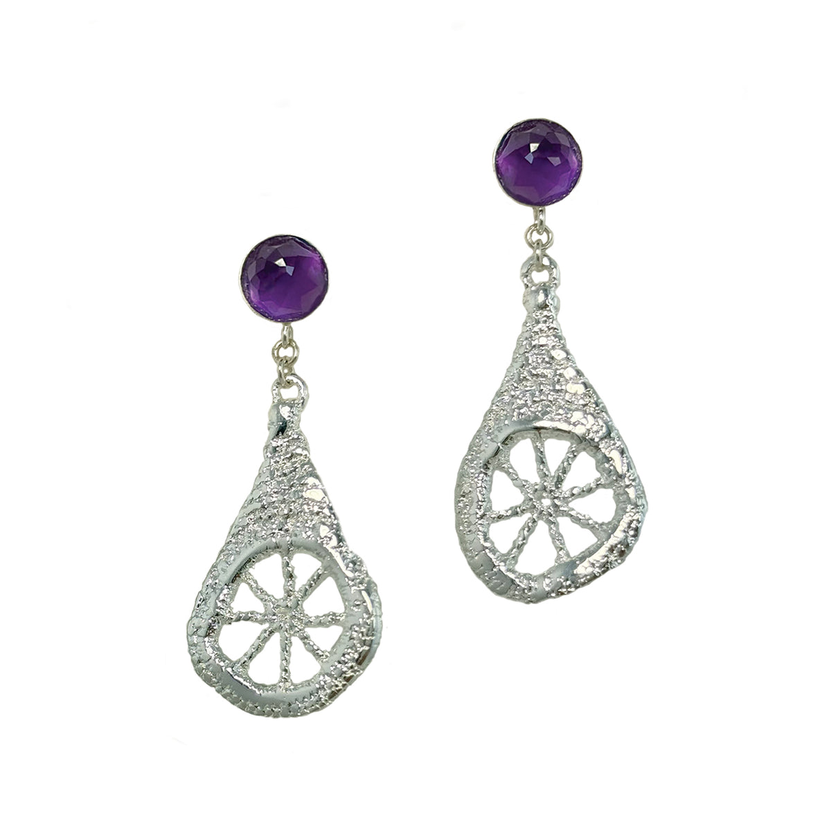 Lace teardrop earrings in sterling silver with amethysts.