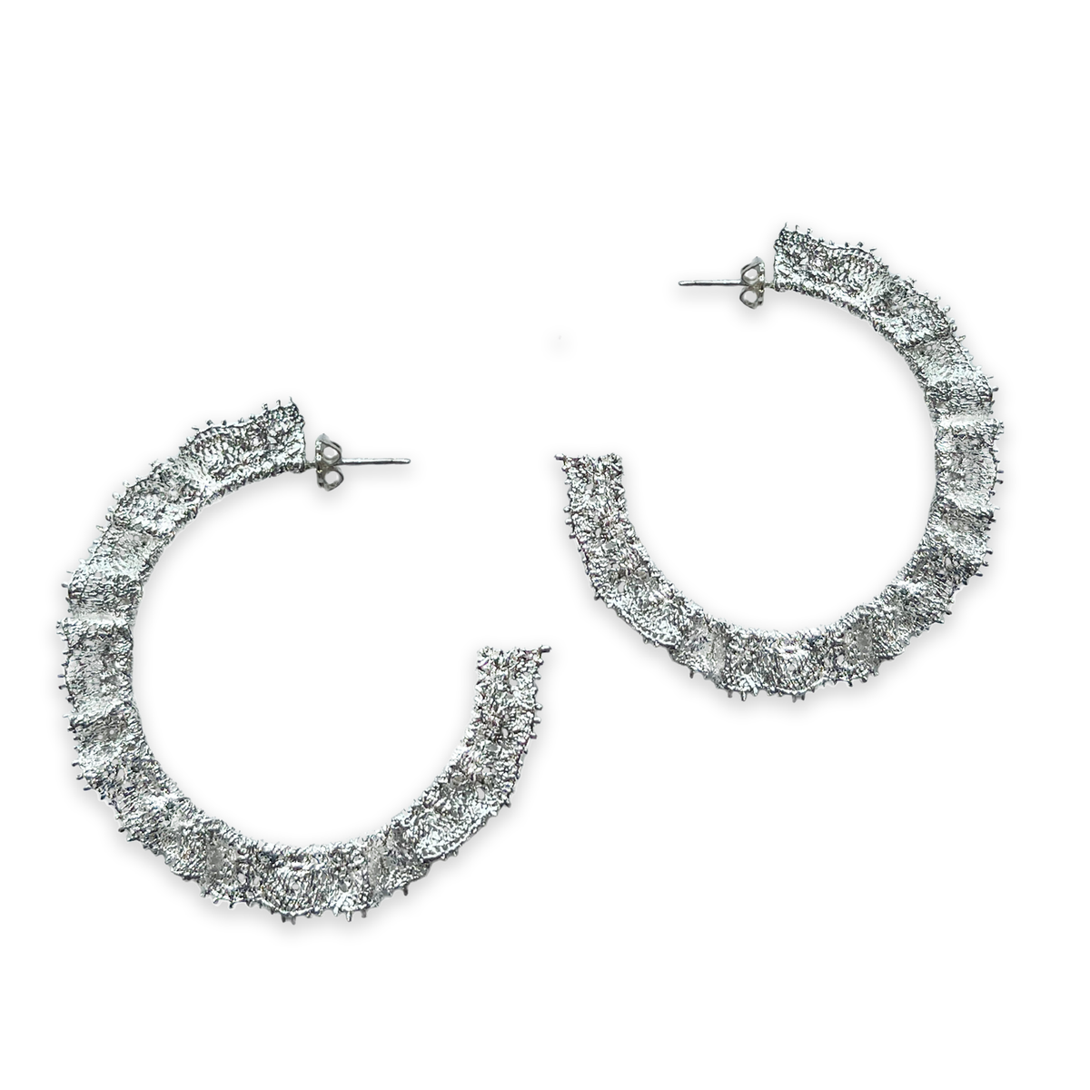Jacqueline large lace hoop earrings in sterling silver.