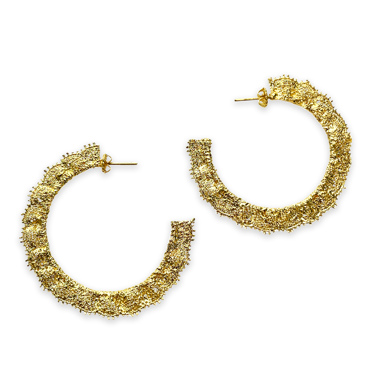 Jacqueline large lace hoop earrings in 24k gold.