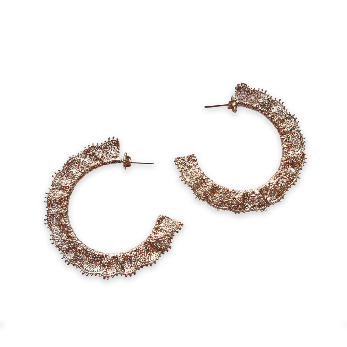 Juliette Lace Hoop Earrings Medium sized in rose gold.