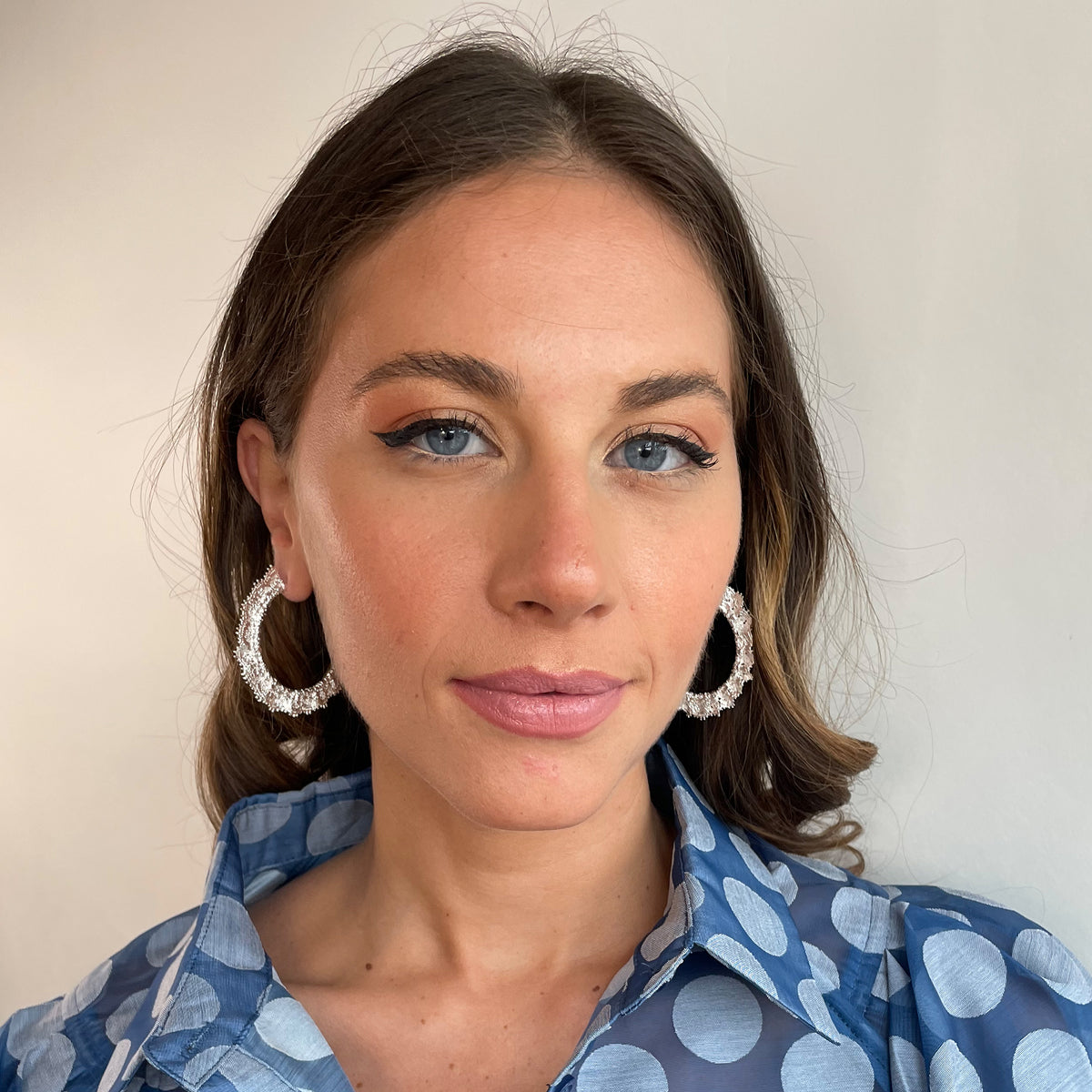 Juliette Lace Hoop Earrings Medium sized in sterling silver on model.