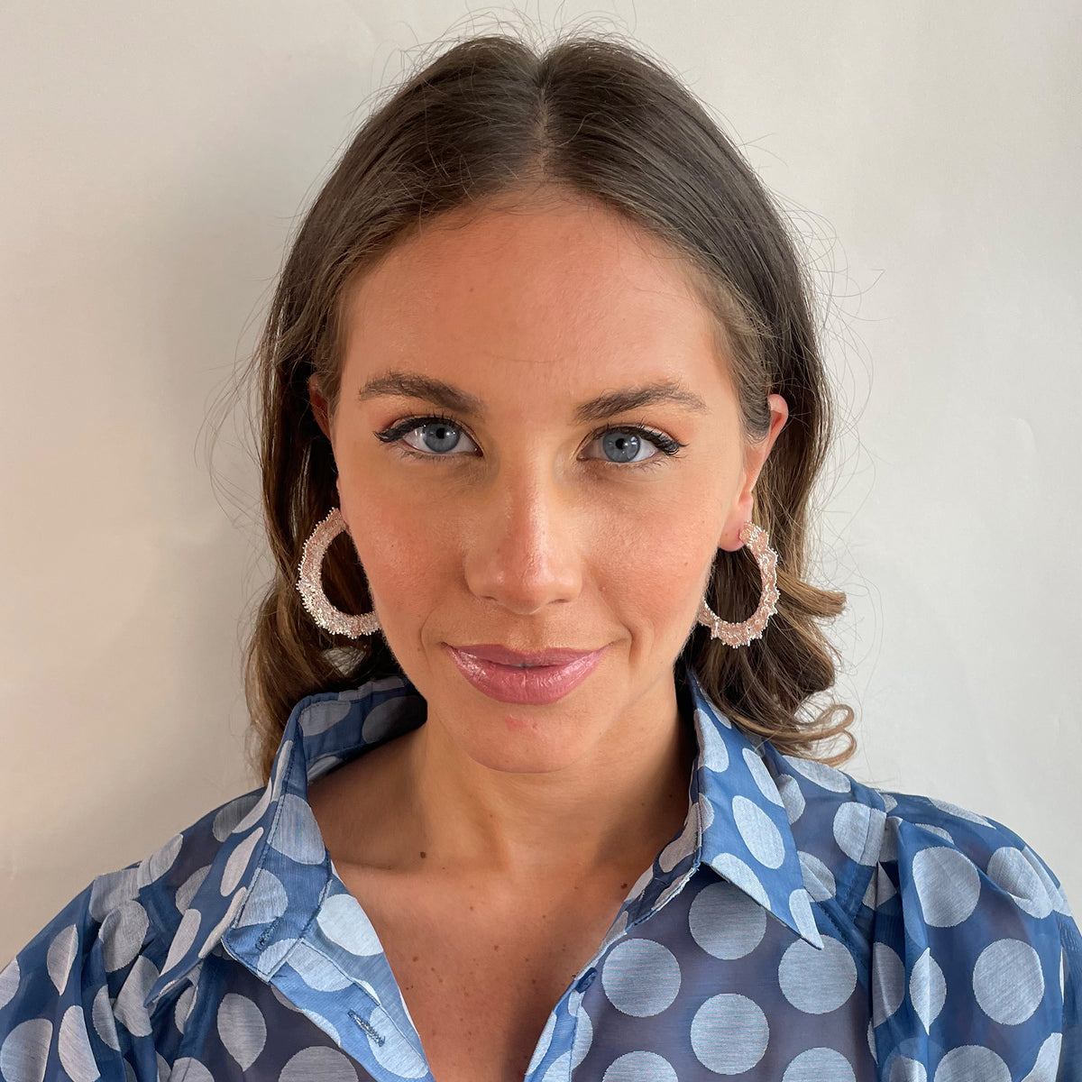 Juliette Lace Hoop Earrings Medium sized in sterling silver on model.