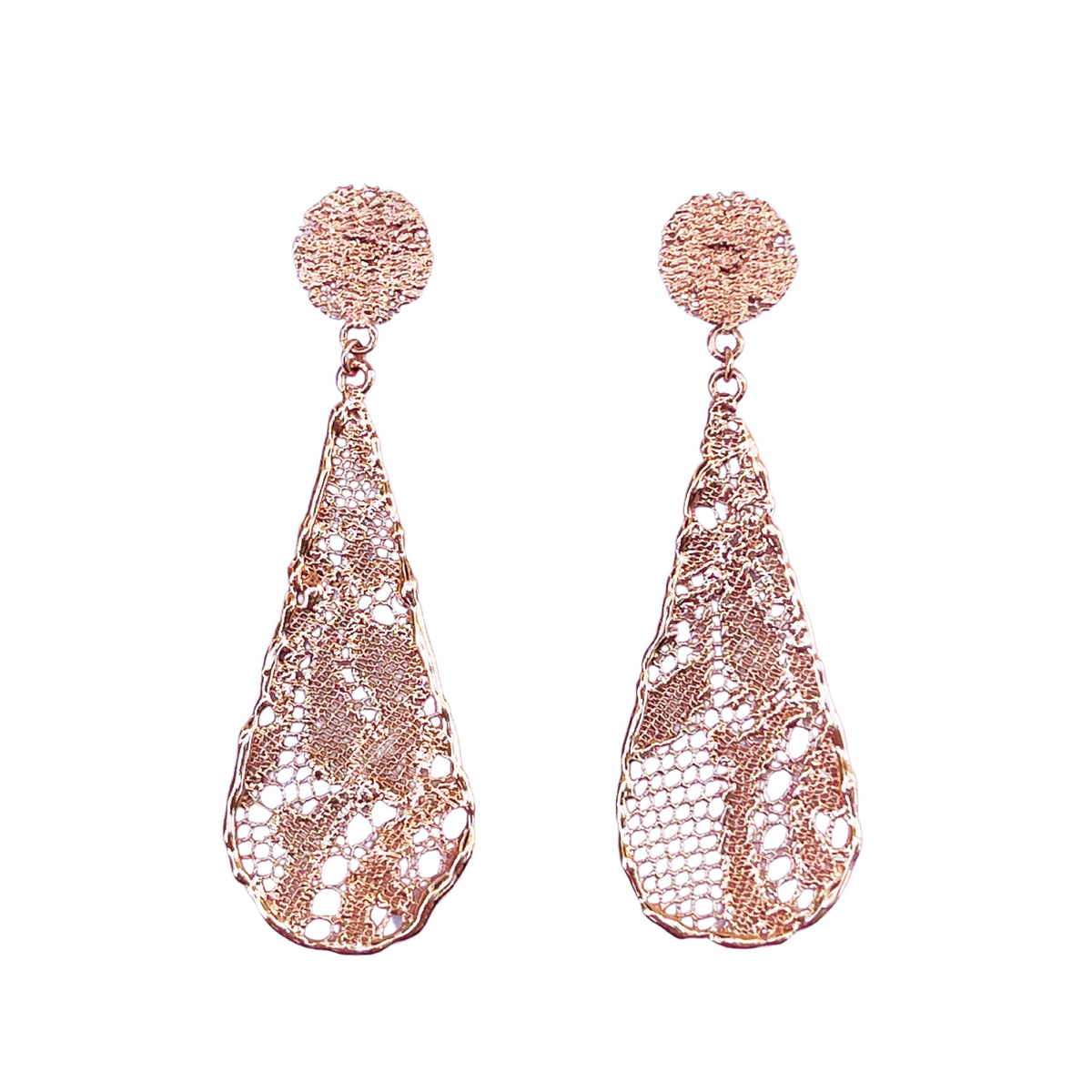 Teardrop lace earrings dipped in rose gold.
