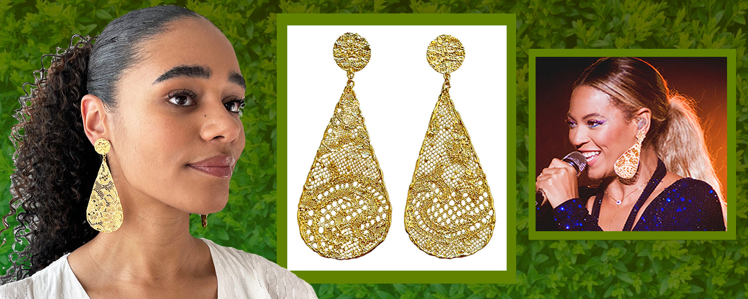 Leopoldine large teardrop earrings lace in dipped 24k gold.