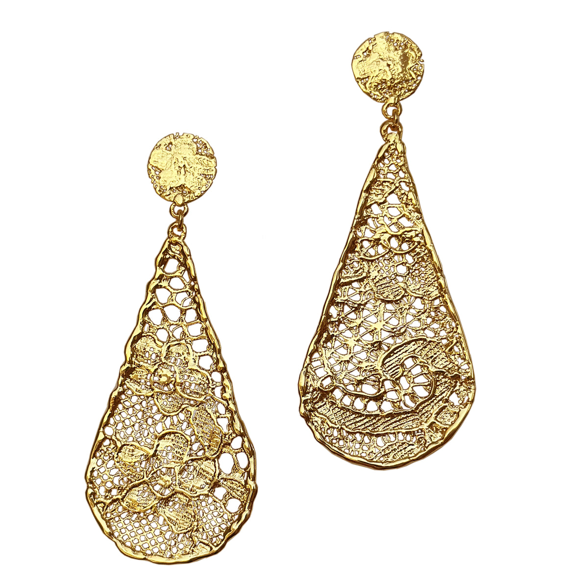 Lace tear drop earrings dipped in 24k gold, feather light. 