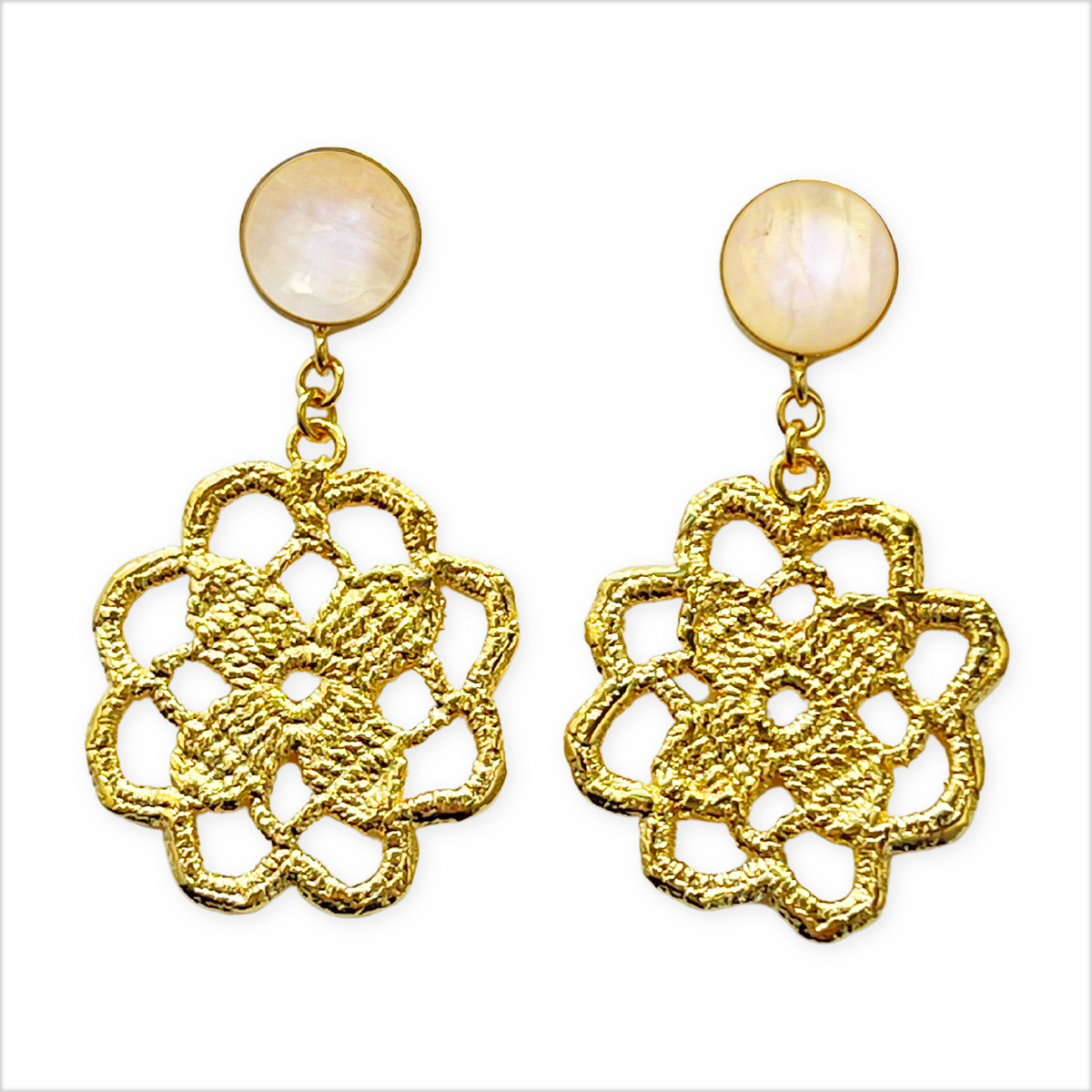 Lace flower earrings made from repurposed lace dipped in 24k gold with 10mm moonstone cabochons.
