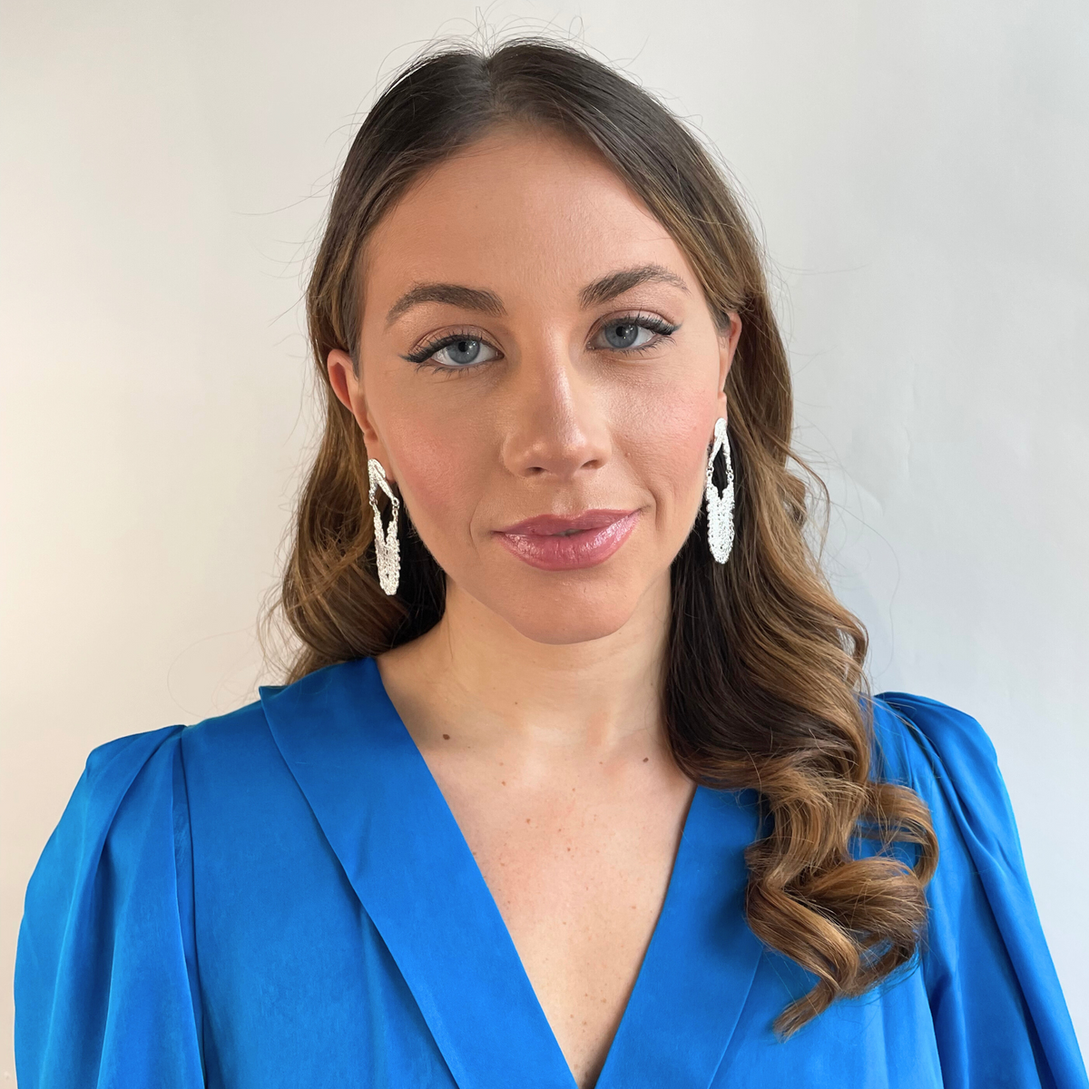 Maj-Britt lace earrings from Swedish 1940s lace in sterling silver worn by a model.