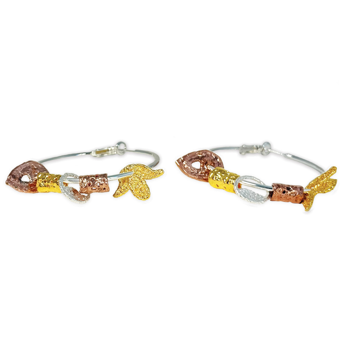 Pair of silver hoop earrings with lace charms dipped in 24k gold, rose gold and sterling silver.