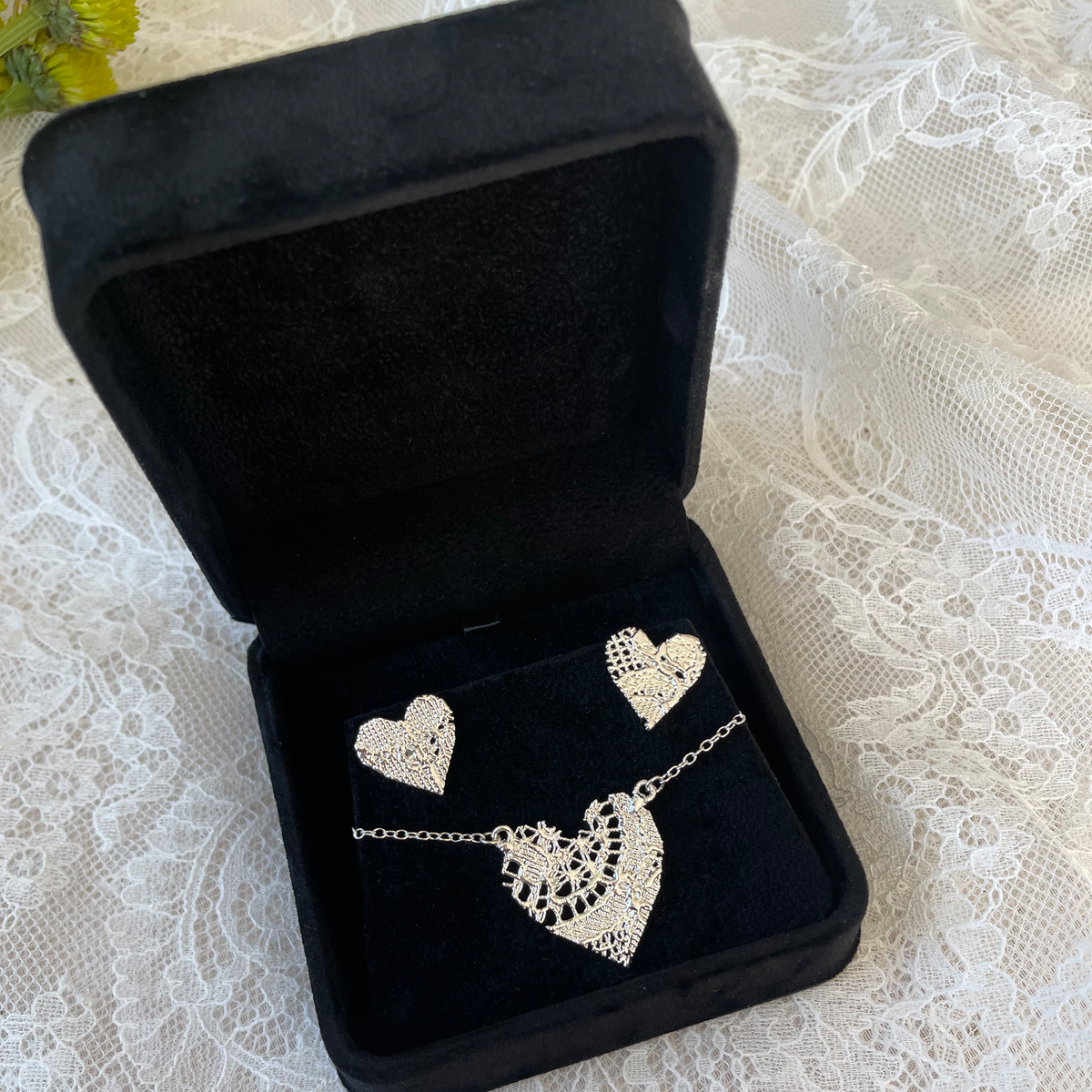 Gift set Remy lace heart necklace Addie lace earrings in sterling silver.