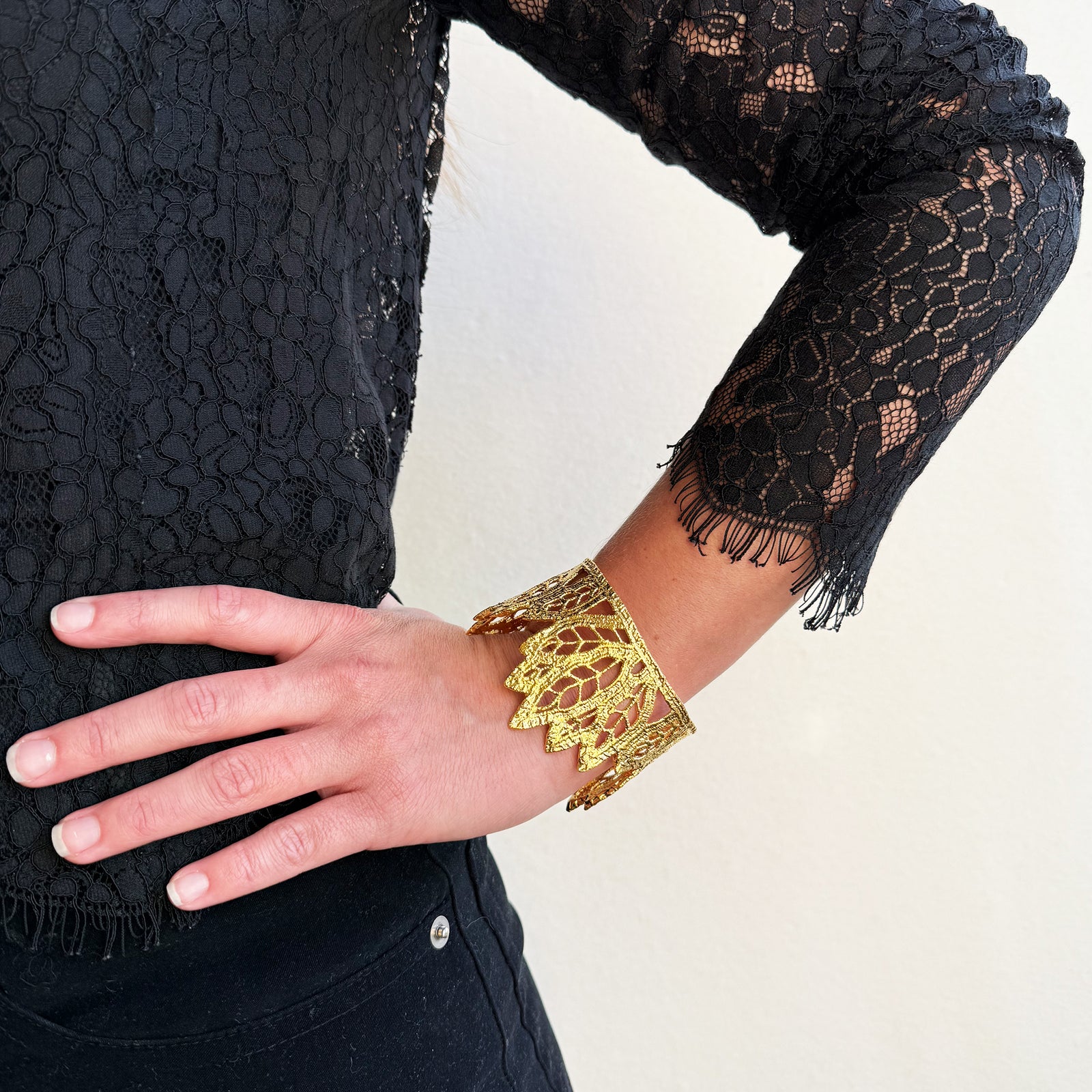 Lace leaf bracelet in dipped 24k gold.