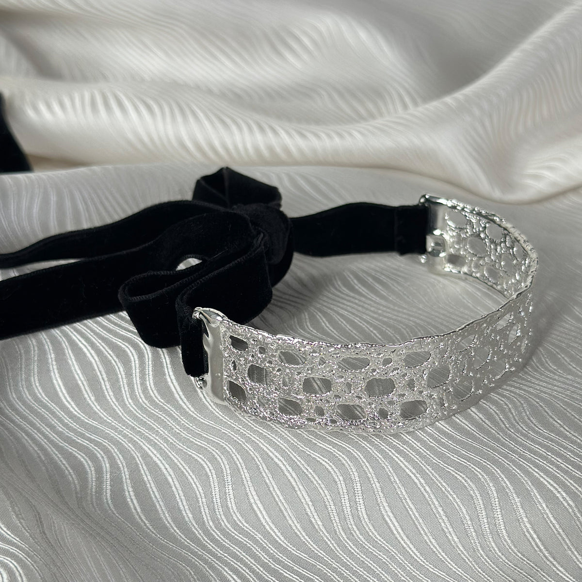 French lace choker in sterling silver with velvet ribbons.