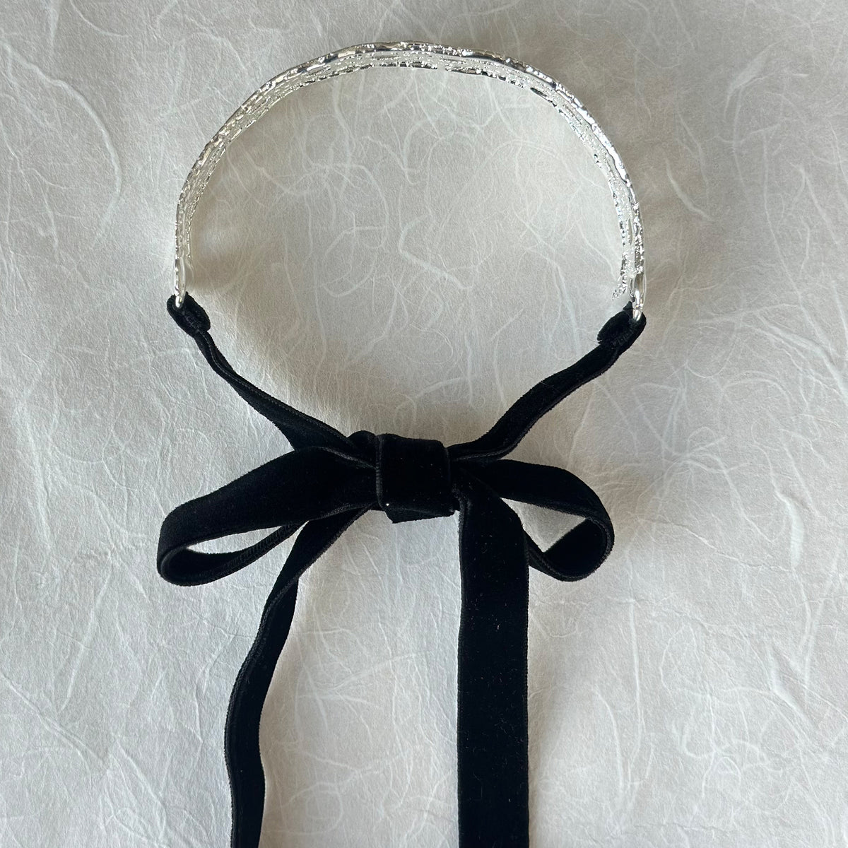 French lace choker in sterling silver with velvet ribbons.