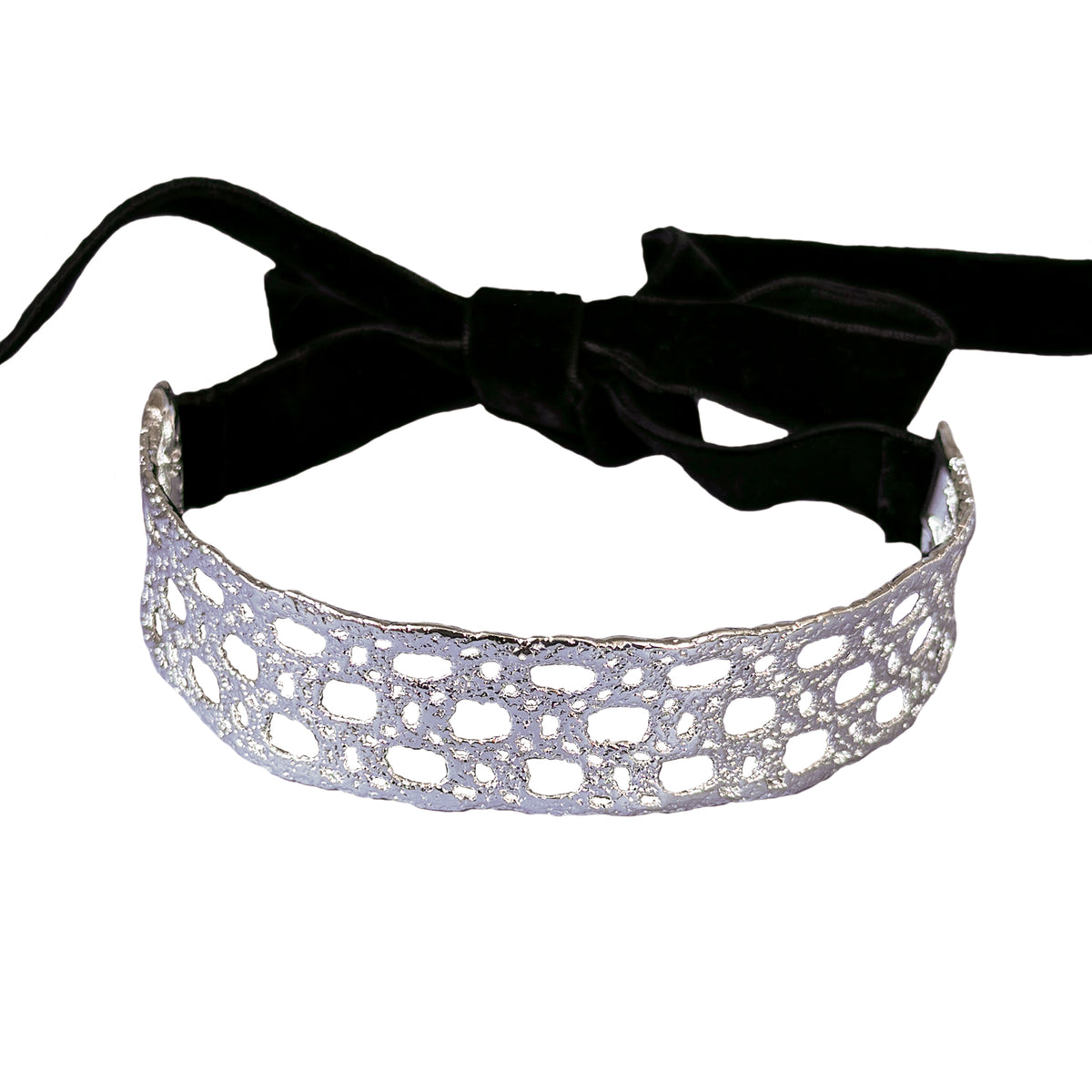 French lace choker in sterling silver with velvet ribbons.