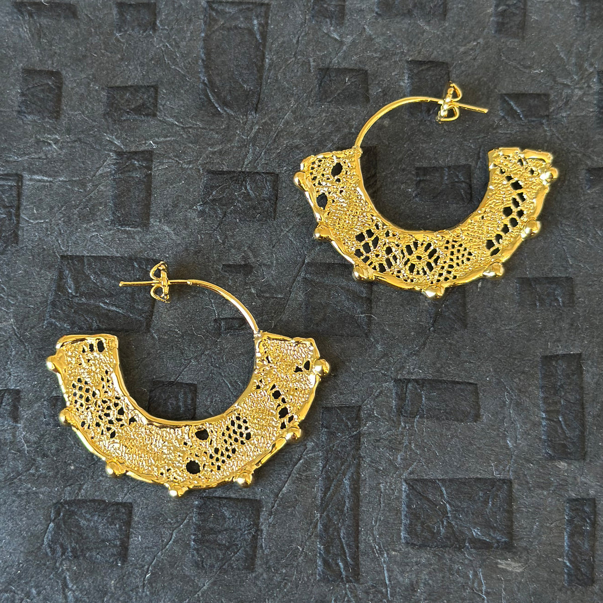 Violette 24k gold hoop earrings with intricate designs