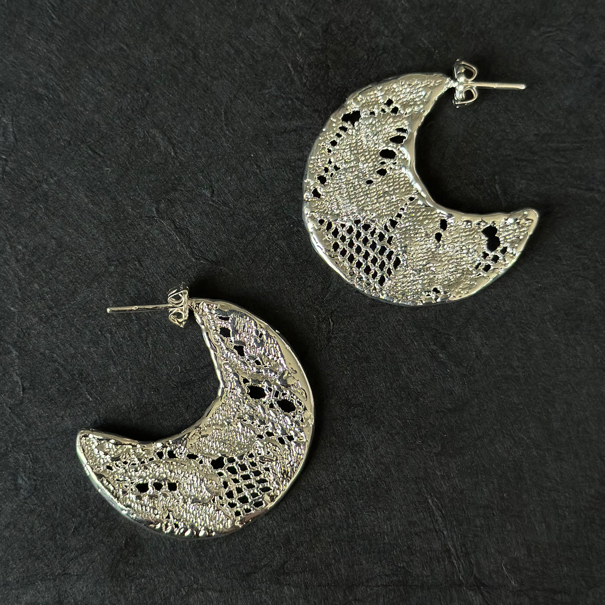 Viviane Crescent Moon Hoop Lace Earrings in Sterling Silver.