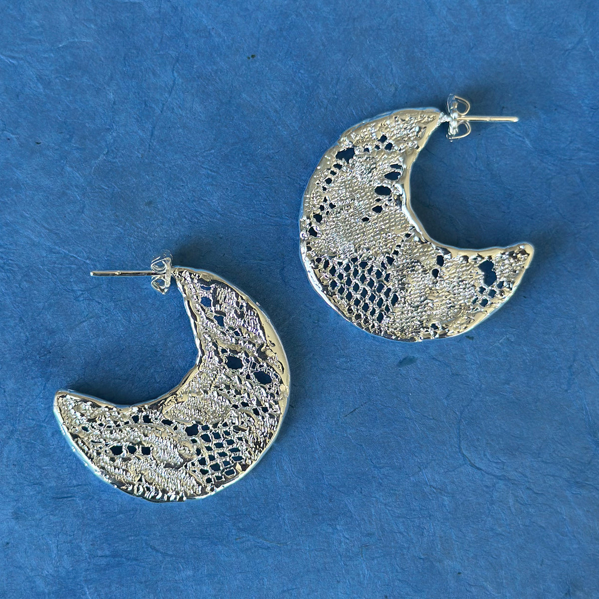 Viviane Crescent Moon Hoop Lace Earrings in Sterling Silver.