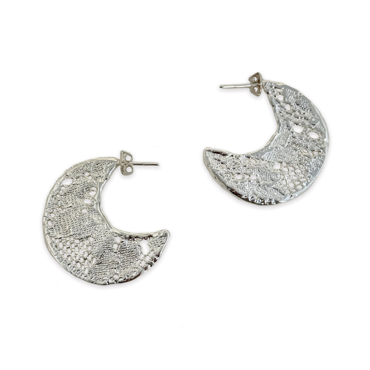Viviane Crescent Moon Hoop Lace Earrings in Sterling Silver.
