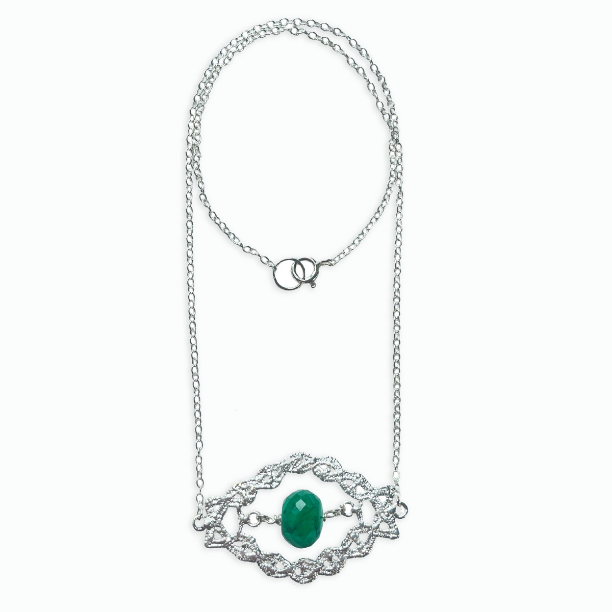Chloé sterling silver lace pendant with an Emerald centerpiece.