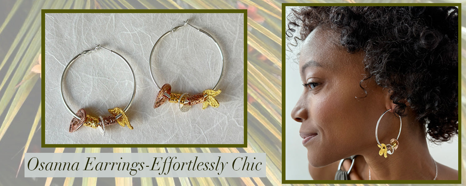 Osanna earrings close up and model wearing them.