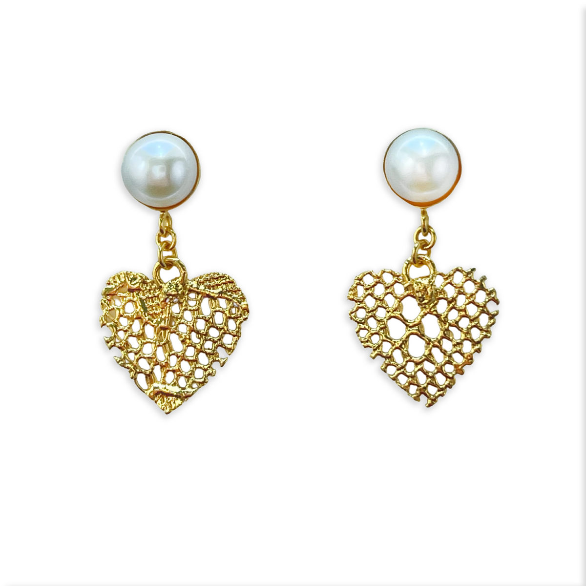 Pearl earrings with 24k gold lace heart.