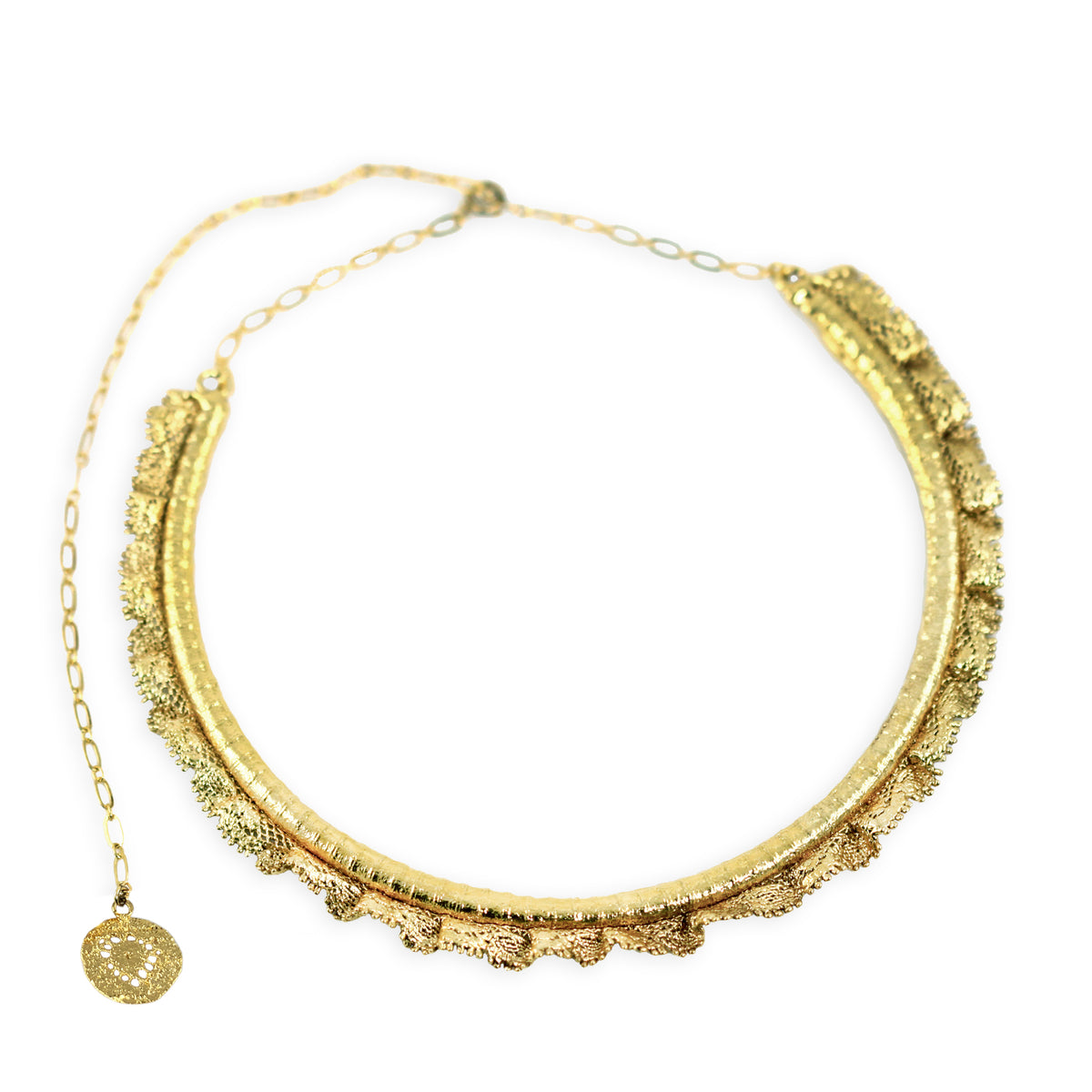 Lace choker in 24k gold with adjustable back chain.